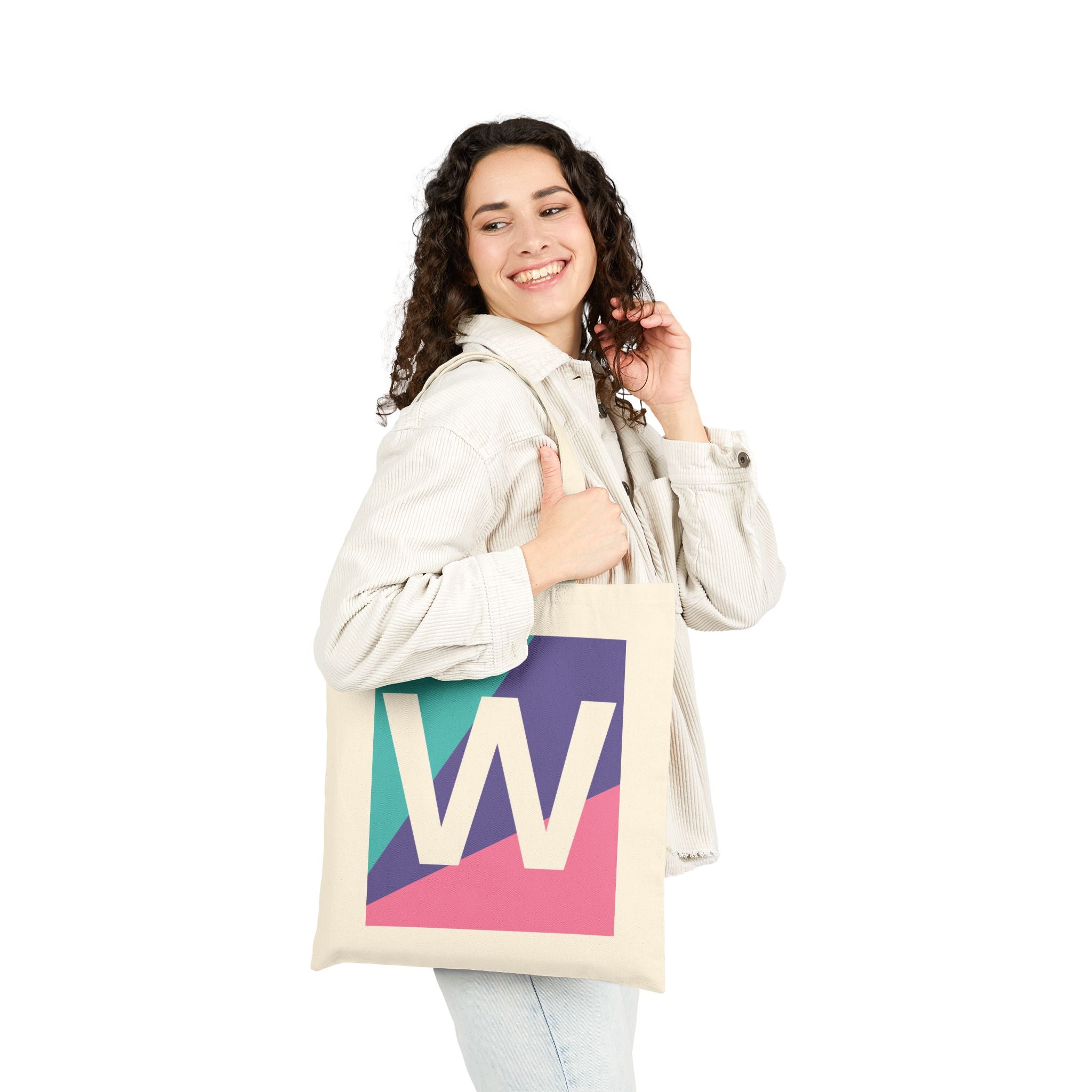 Initial W Colorblock Canvas Tote Bag — Monogram Letter W Reusable Grocery Tote