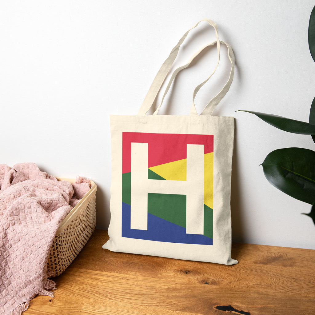 Initial H Colorblock Canvas Tote Bag — Monogram Letter H Reusable Grocery Tote