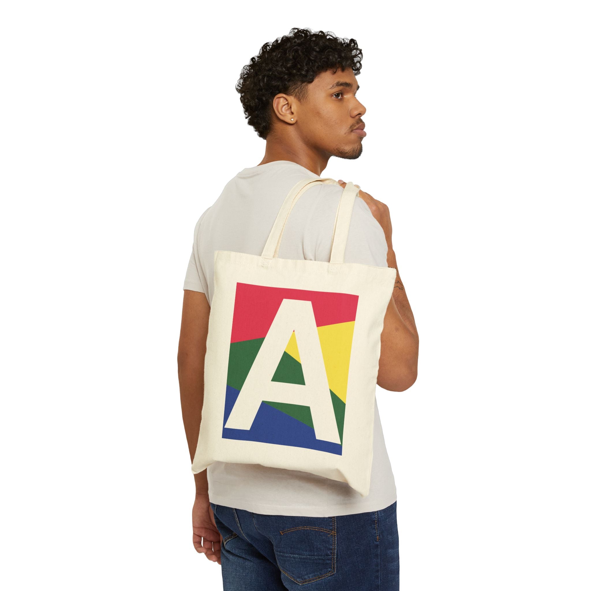 Initial A Colorblock Canvas Tote Bag — Monogram Letter A Reusable Grocery Tote