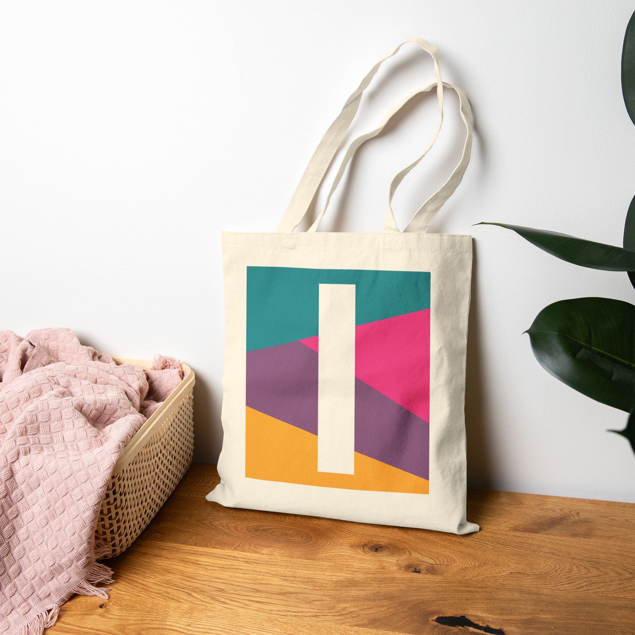 Initial I Colorblock Canvas Tote Bag — Monogram Letter I Reusable Grocery Tote