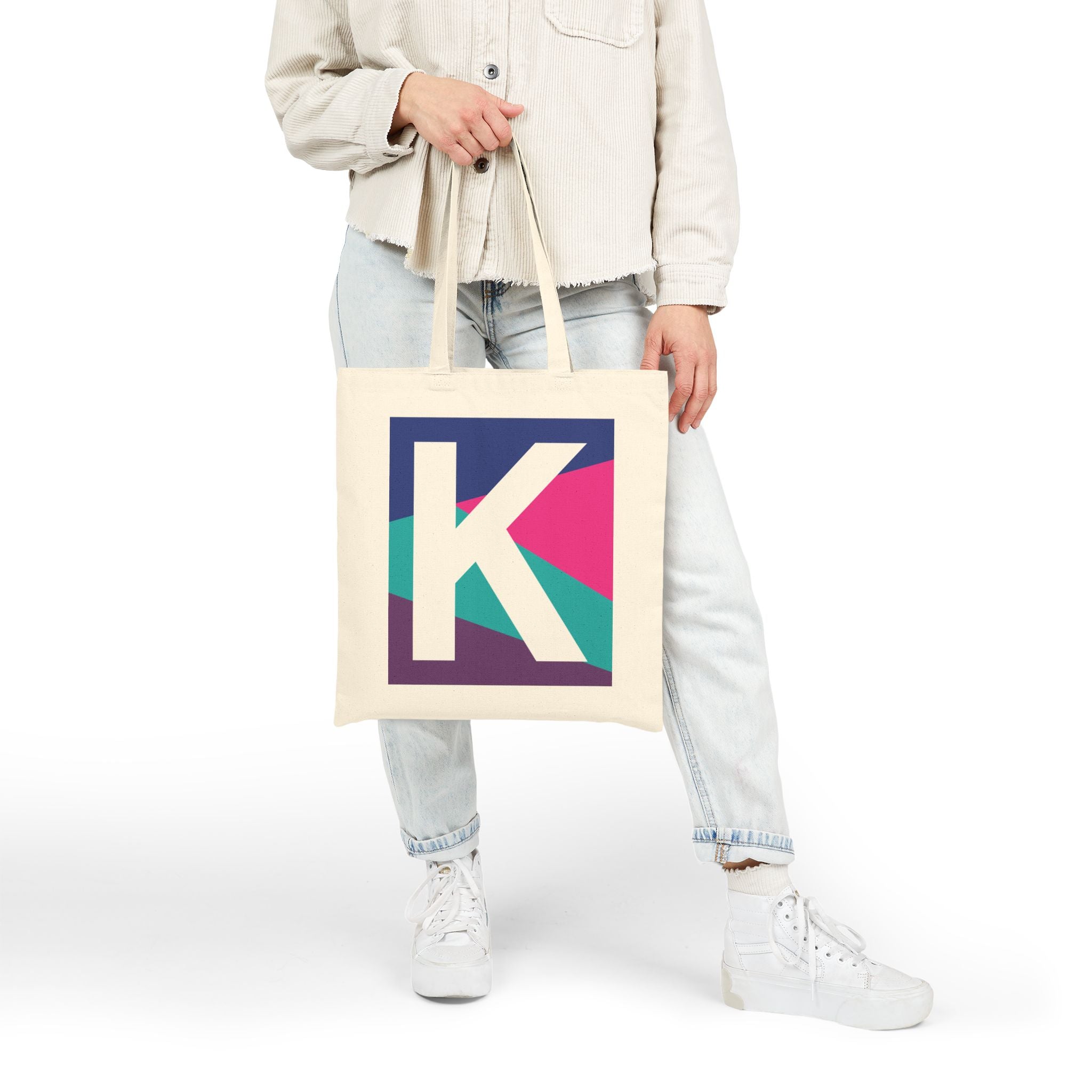 Initial K Colorblock Canvas Tote Bag — Monogram Letter K Reusable Grocery Tote