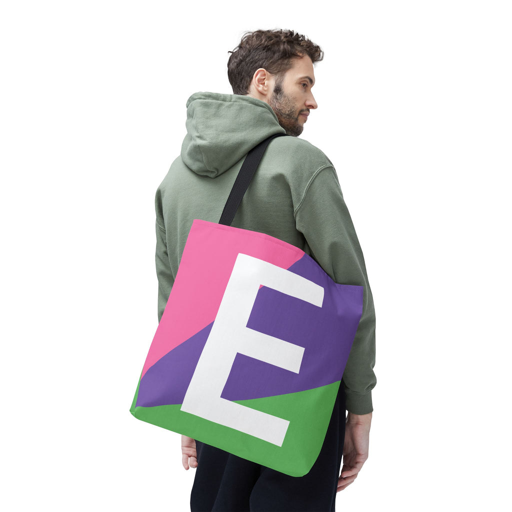 Monogram 'E' Colorblock Tote Bag — Personalized Initial E Shoulder Tote