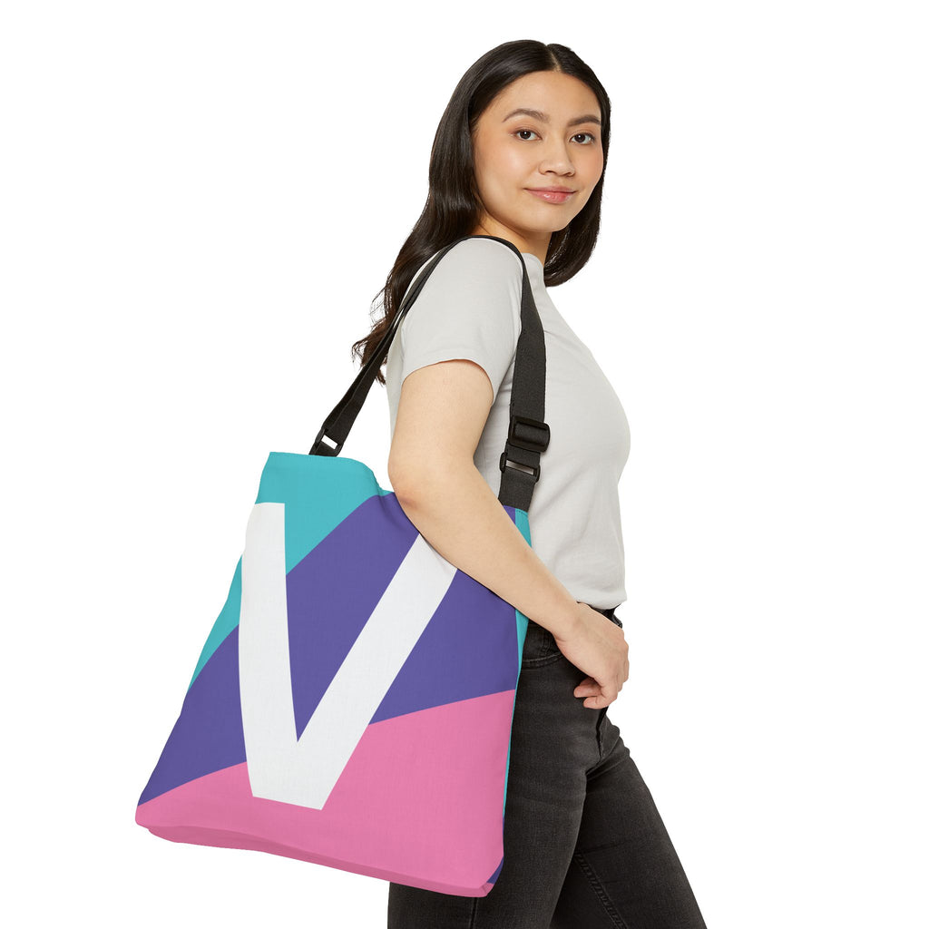 Initial Letter 'V' Colorblock Adjustable Tote Bag — Monogram Alphabet Shoulder Bag