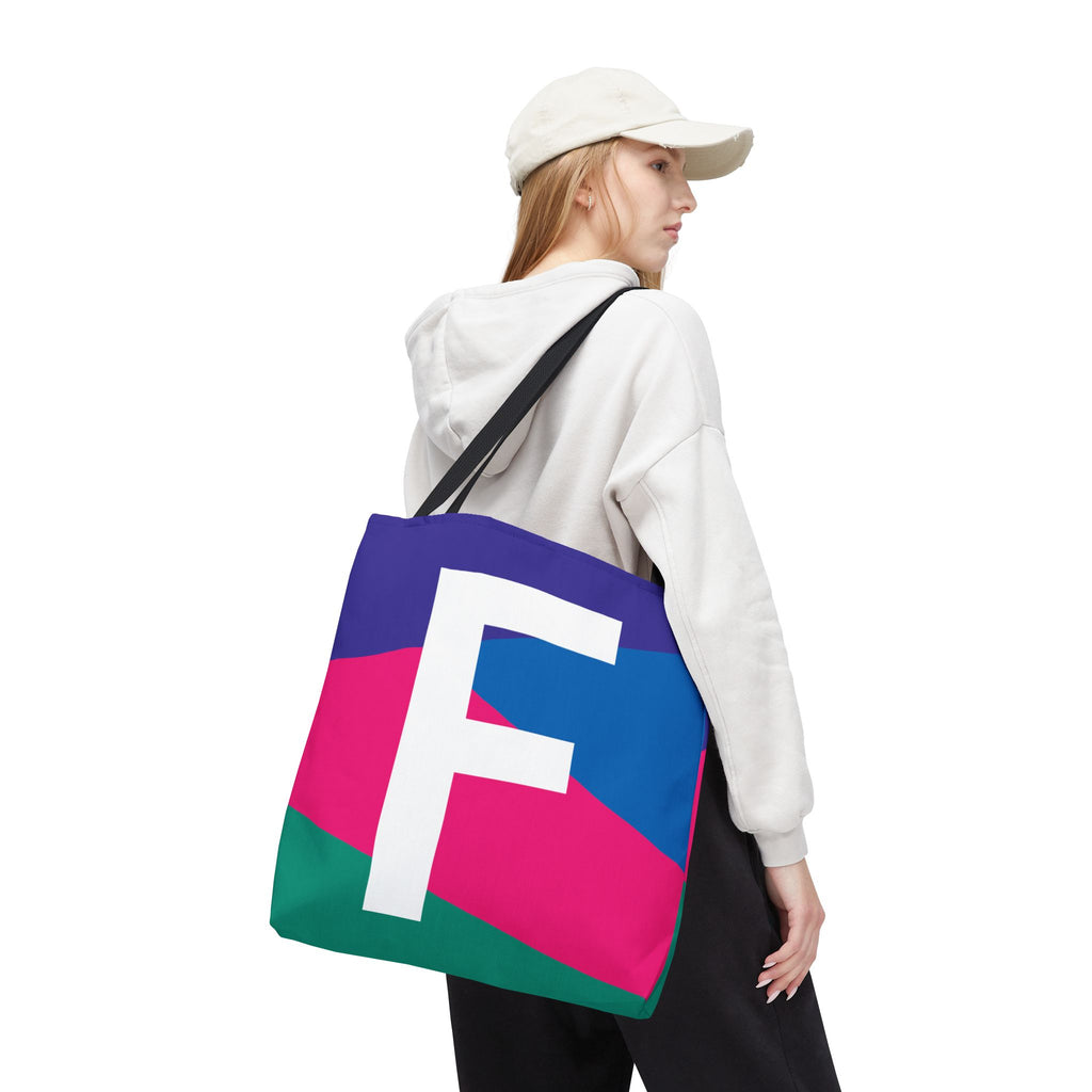 Monogram 'F' Colorblock Tote Bag — Personalized Initial F Shoulder Tote