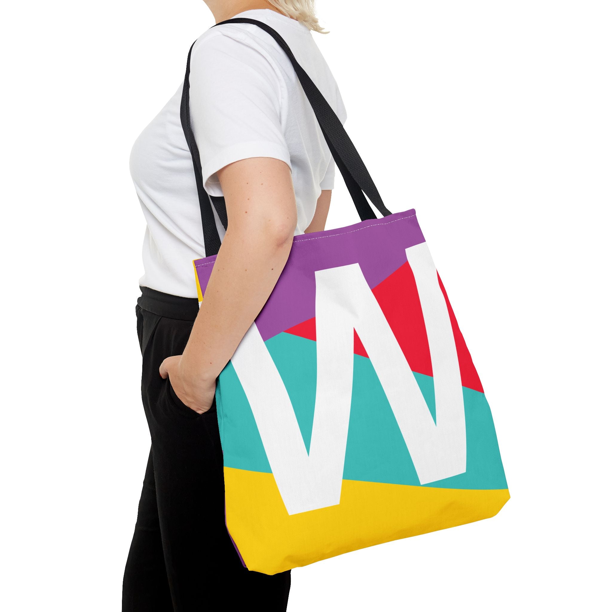 Monogram 'W' Colorblock Tote Bag — Personalized Initial W Shoulder Tote