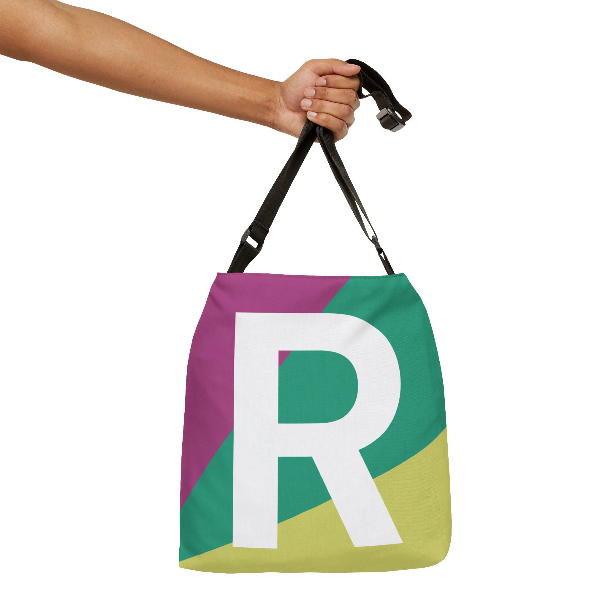 Initial Letter 'R' Colorblock Adjustable Tote Bag — Monogram Alphabet Shoulder Bag