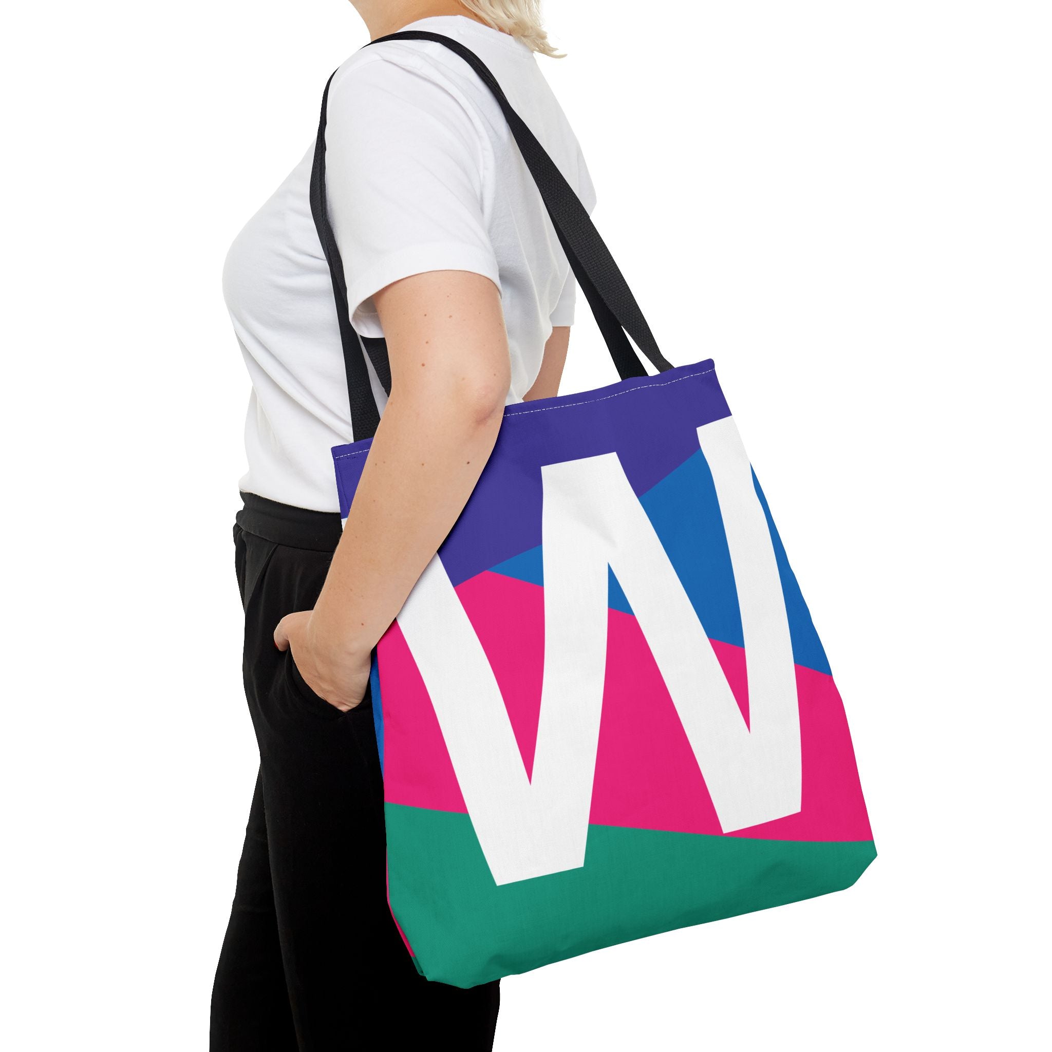 Monogram 'W' Colorblock Tote Bag — Personalized Initial W Shoulder Tote