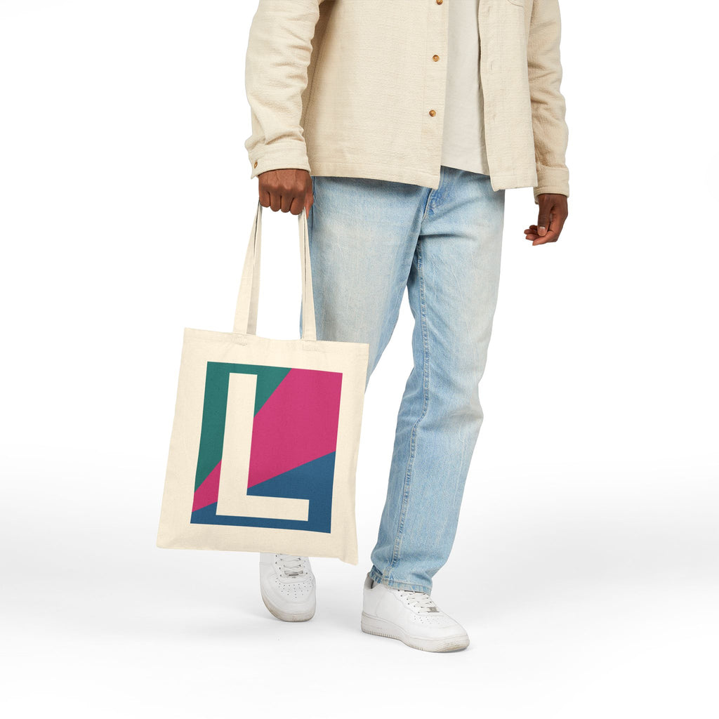 Initial L Colorblock Canvas Tote Bag — Monogram Letter L Reusable Grocery Tote