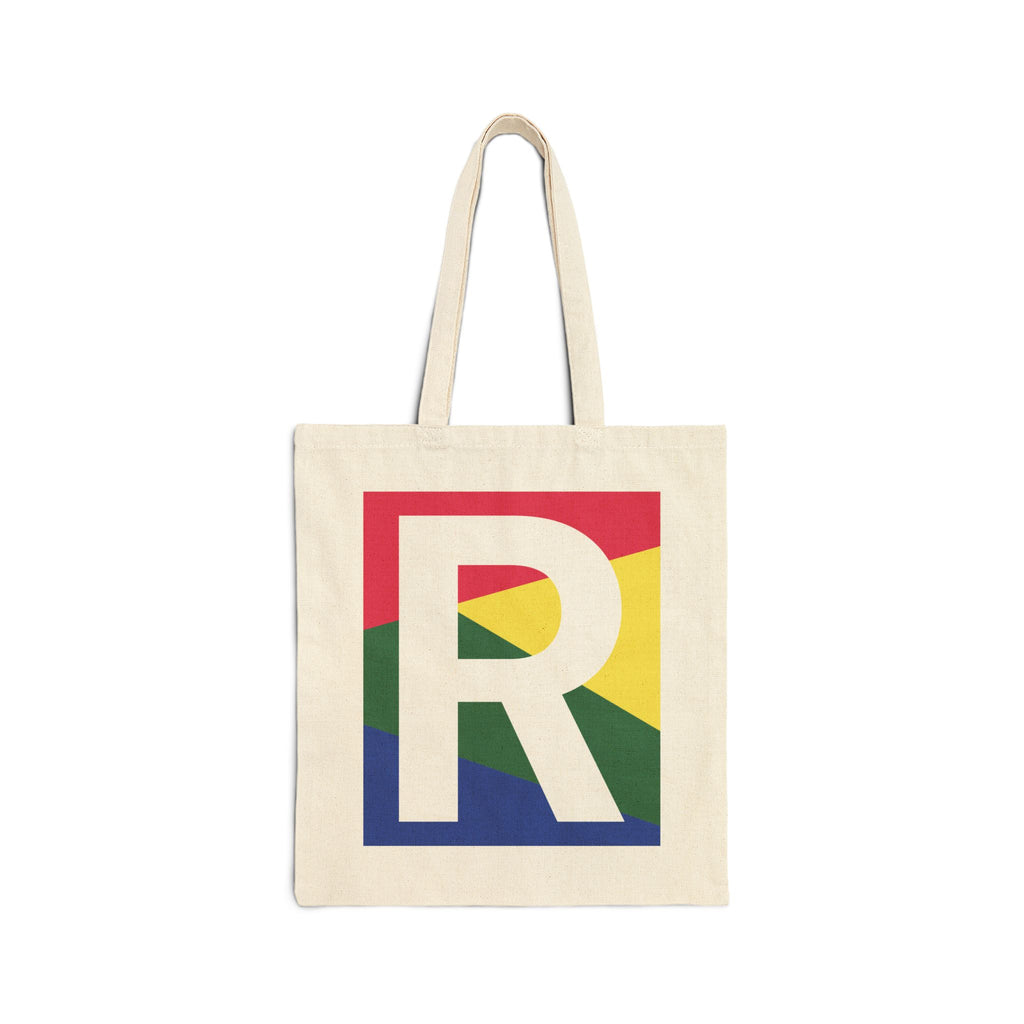 Initial R Colorblock Canvas Tote Bag — Monogram Letter R Reusable Grocery Tote
