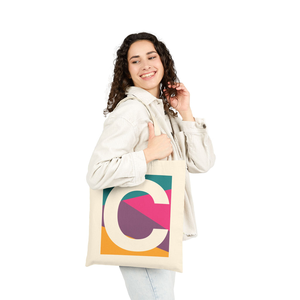 Initial C Colorblock Canvas Tote Bag — Monogram Letter C Reusable Grocery Tote