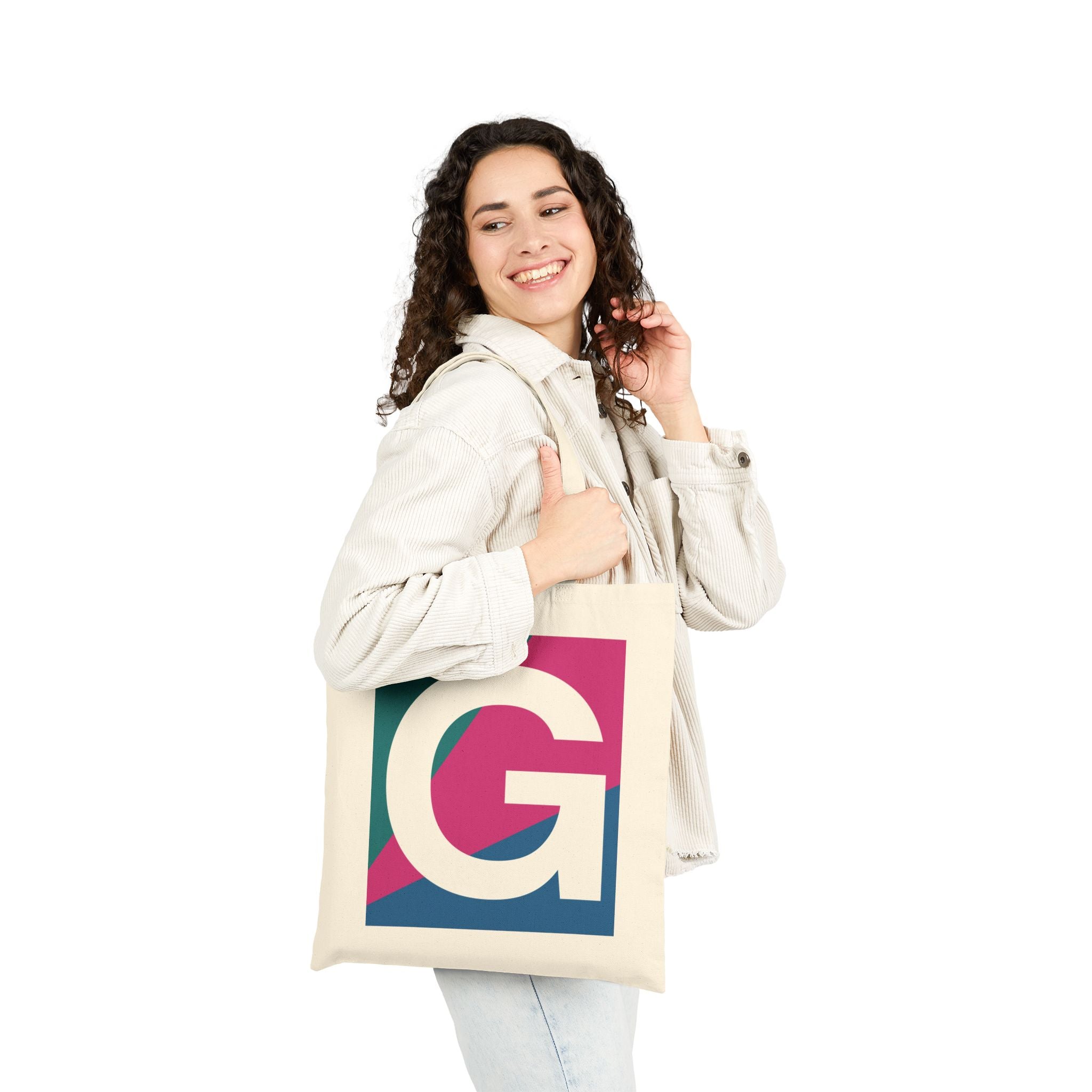 Initial G Colorblock Canvas Tote Bag — Monogram Letter G Reusable Grocery Tote