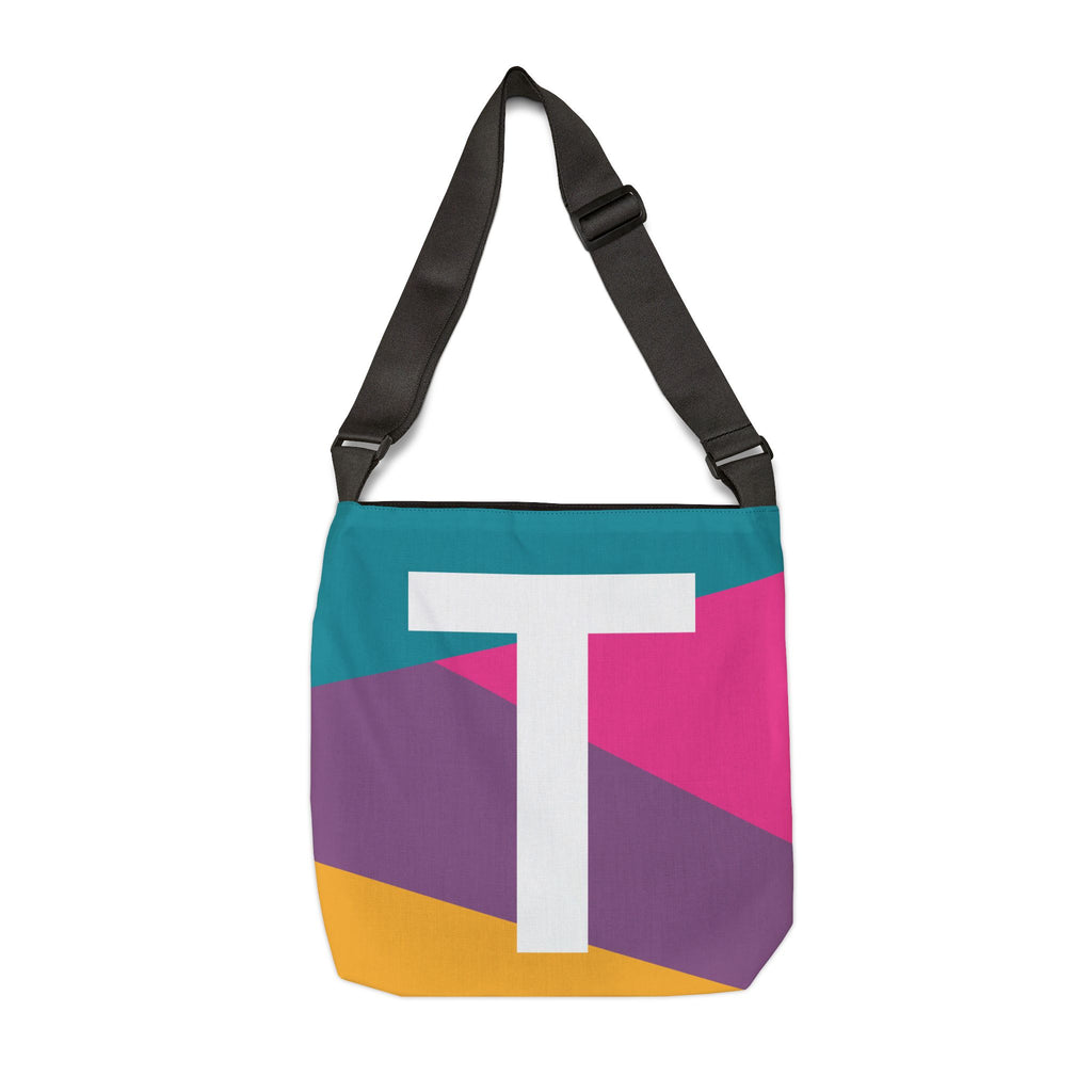 Initial Letter 'T' Colorblock Adjustable Tote Bag — Monogram Alphabet Shoulder Bag