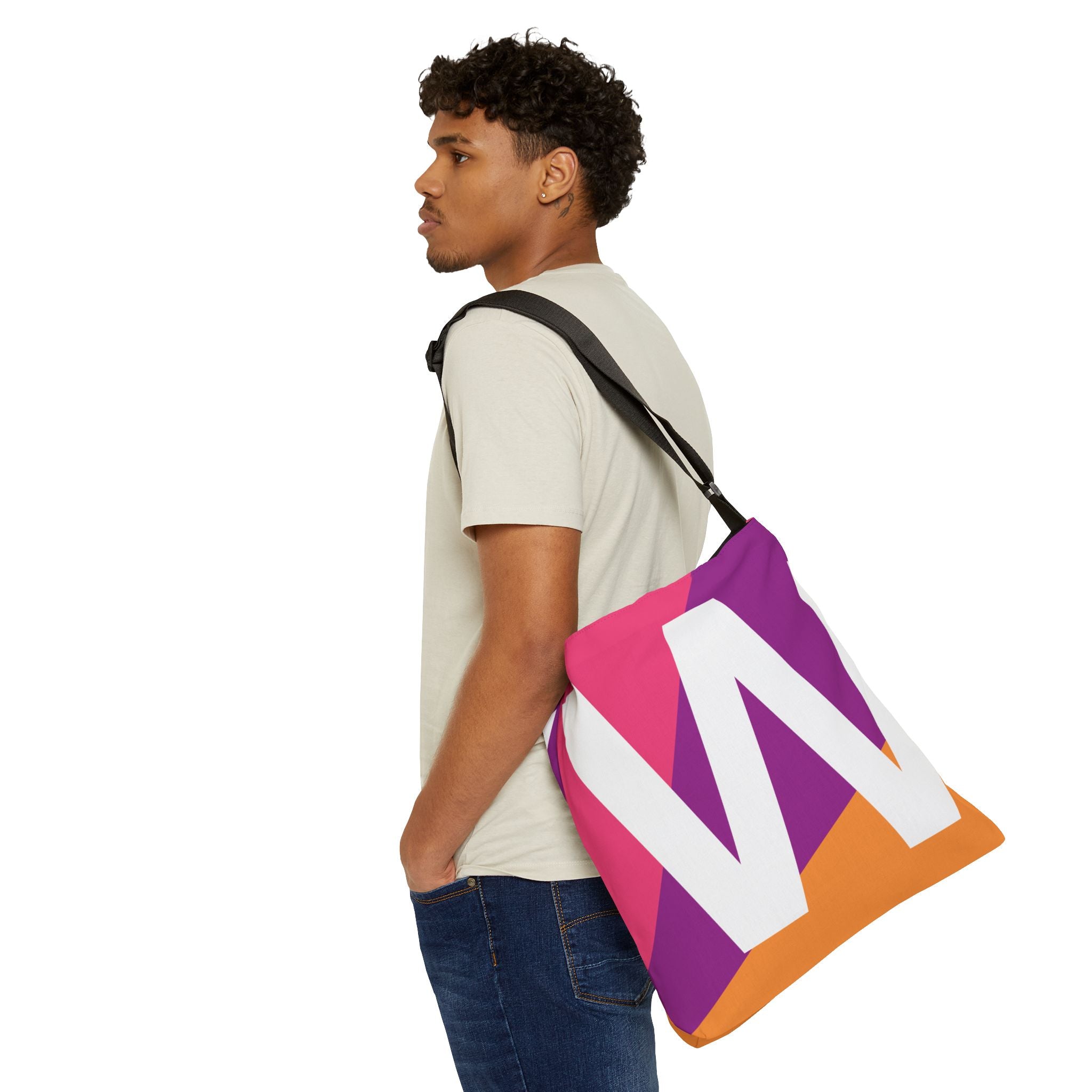 Initial Letter 'W' Colorblock Adjustable Tote Bag — Monogram Alphabet Shoulder Bag