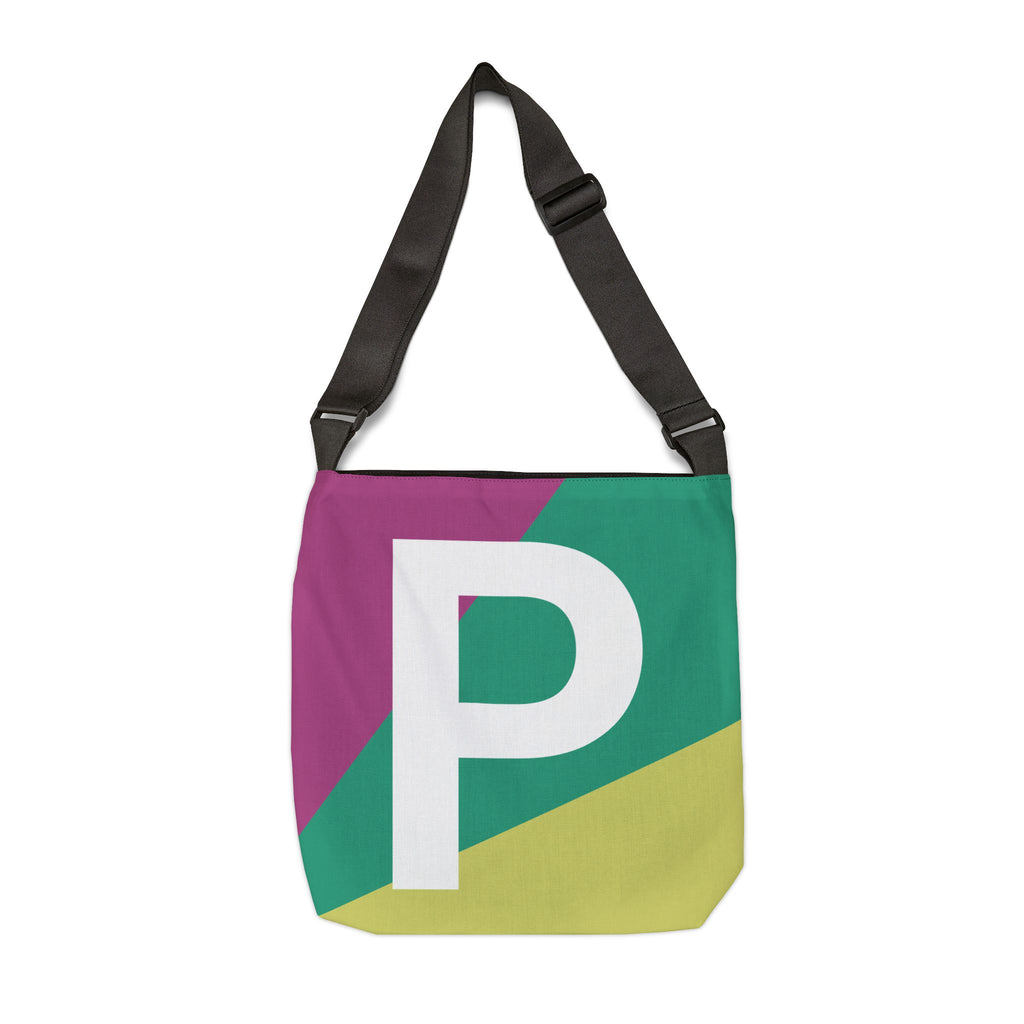 Initial Letter 'P' Colorblock Adjustable Tote Bag — Monogram Alphabet Shoulder Bag