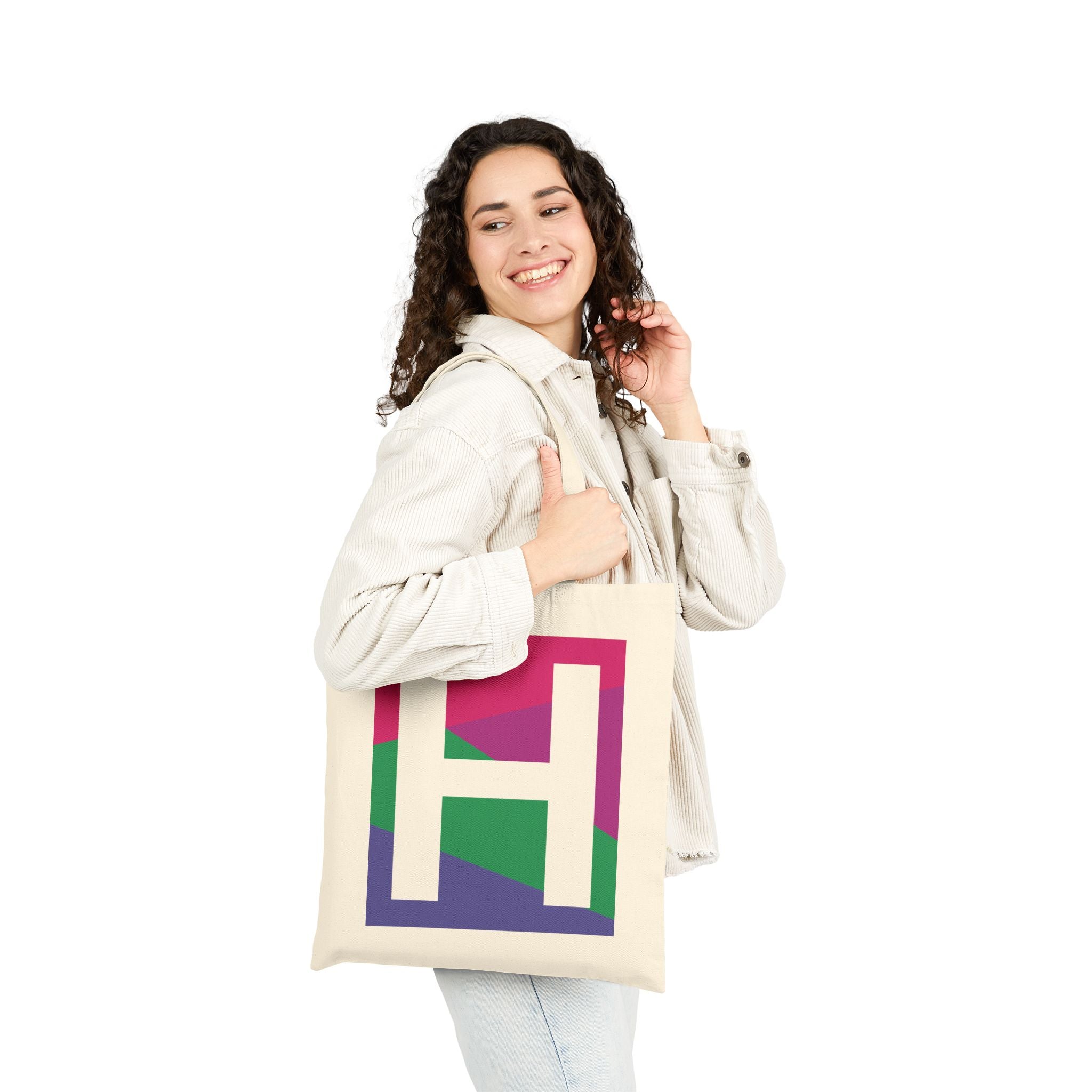 Initial H Colorblock Canvas Tote Bag — Monogram Letter H Reusable Grocery Tote