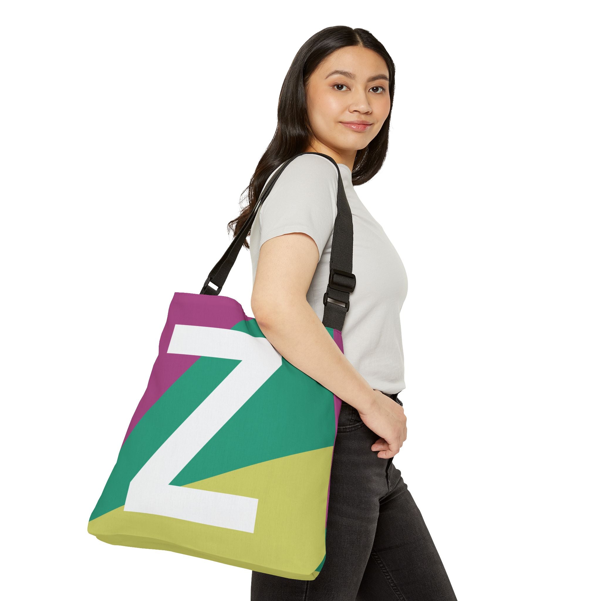 Initial Letter 'Z' Colorblock Adjustable Tote Bag — Monogram Alphabet Shoulder Bag