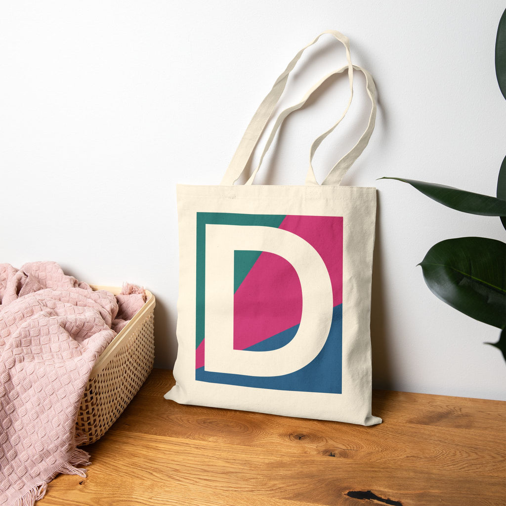 Initial D Colorblock Canvas Tote Bag — Monogram Letter D Reusable Grocery Tote