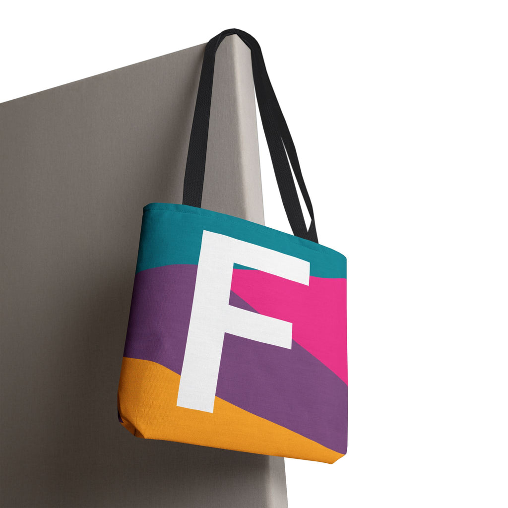 Monogram 'F' Colorblock Tote Bag — Personalized Initial F Shoulder Tote