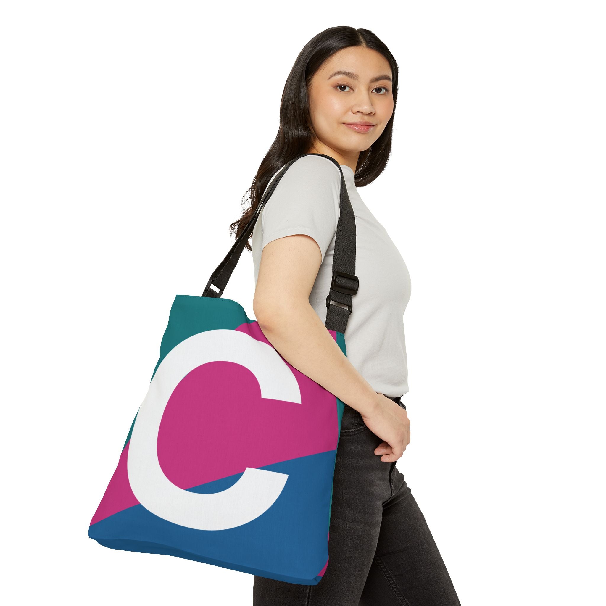 Initial Letter 'C' Colorblock Adjustable Tote Bag — Monogram Alphabet Shoulder Bag