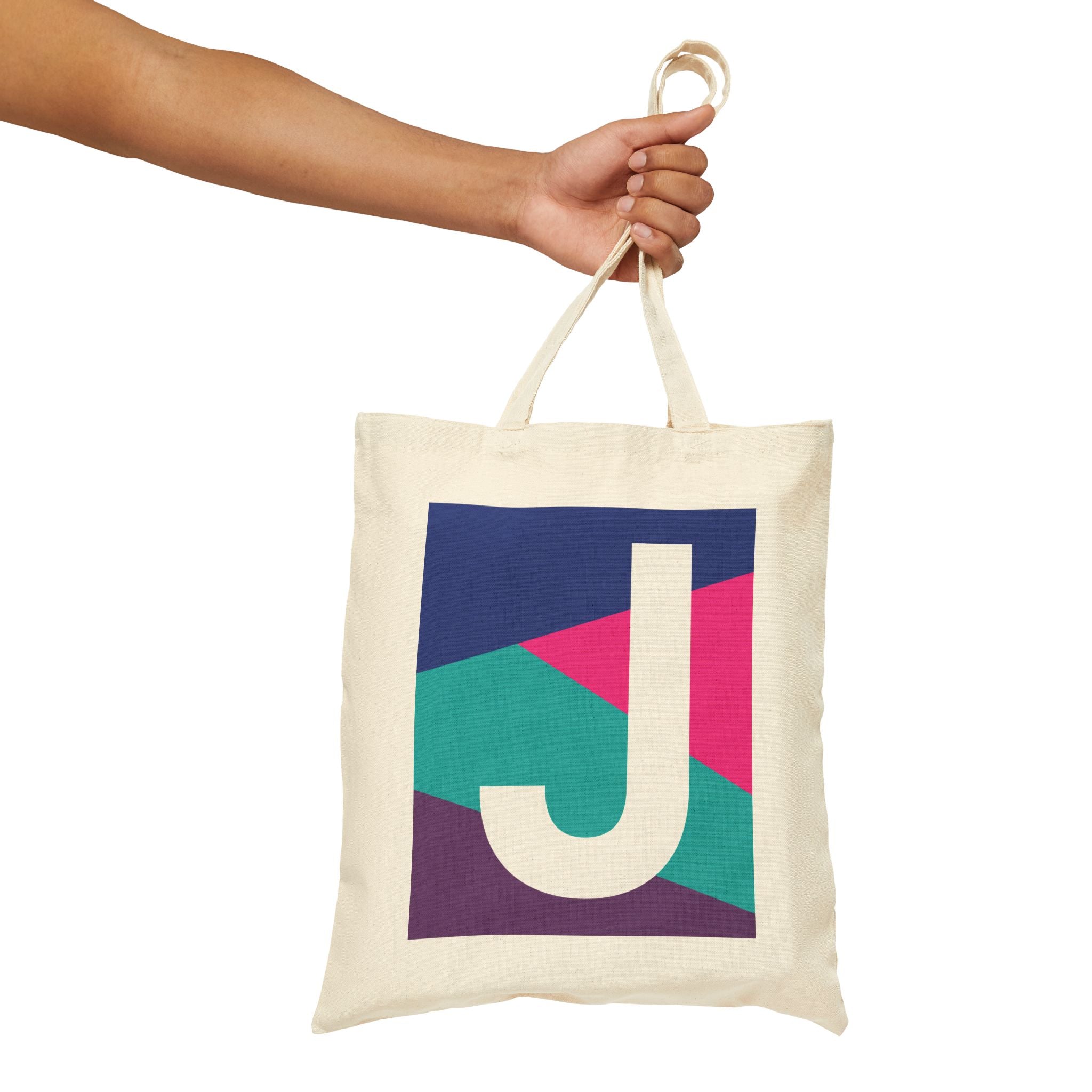 Initial J Colorblock Canvas Tote Bag — Monogram Letter J Reusable Grocery Tote