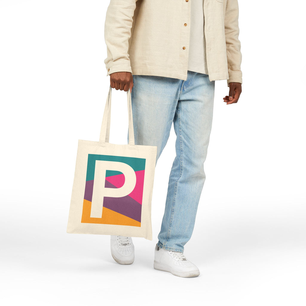 Initial P Colorblock Canvas Tote Bag — Monogram Letter P Reusable Grocery Tote