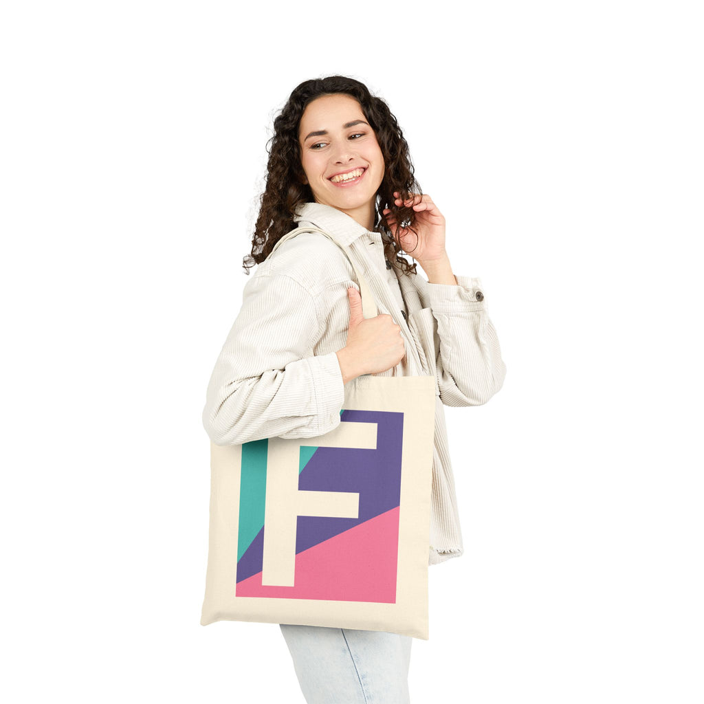 Initial F Colorblock Canvas Tote Bag — Monogram Letter F Reusable Grocery Tote