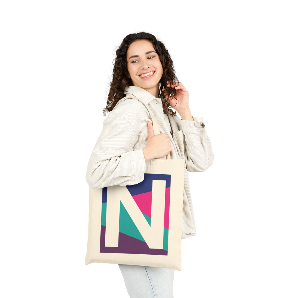 Initial N Colorblock Canvas Tote Bag — Monogram Letter N Reusable Grocery Tote