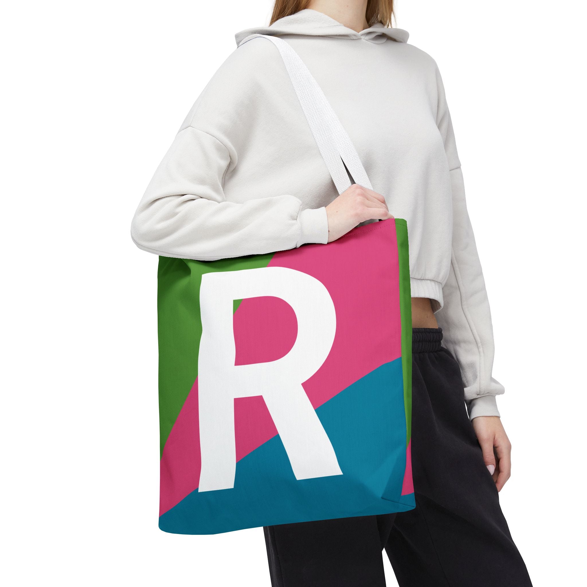 Monogram 'R' Colorblock Tote Bag — Personalized Initial R Shoulder Tote