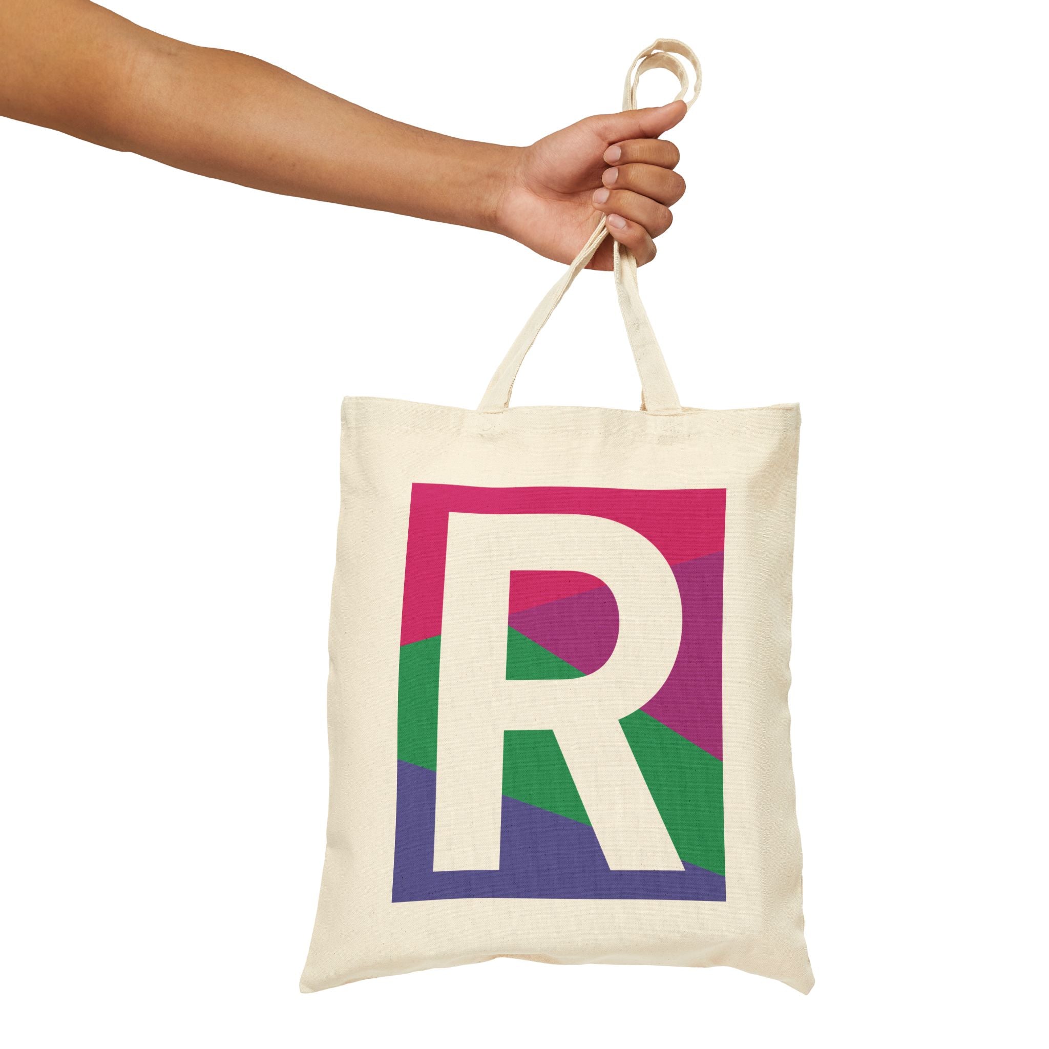 Initial R Colorblock Canvas Tote Bag — Monogram Letter R Reusable Grocery Tote