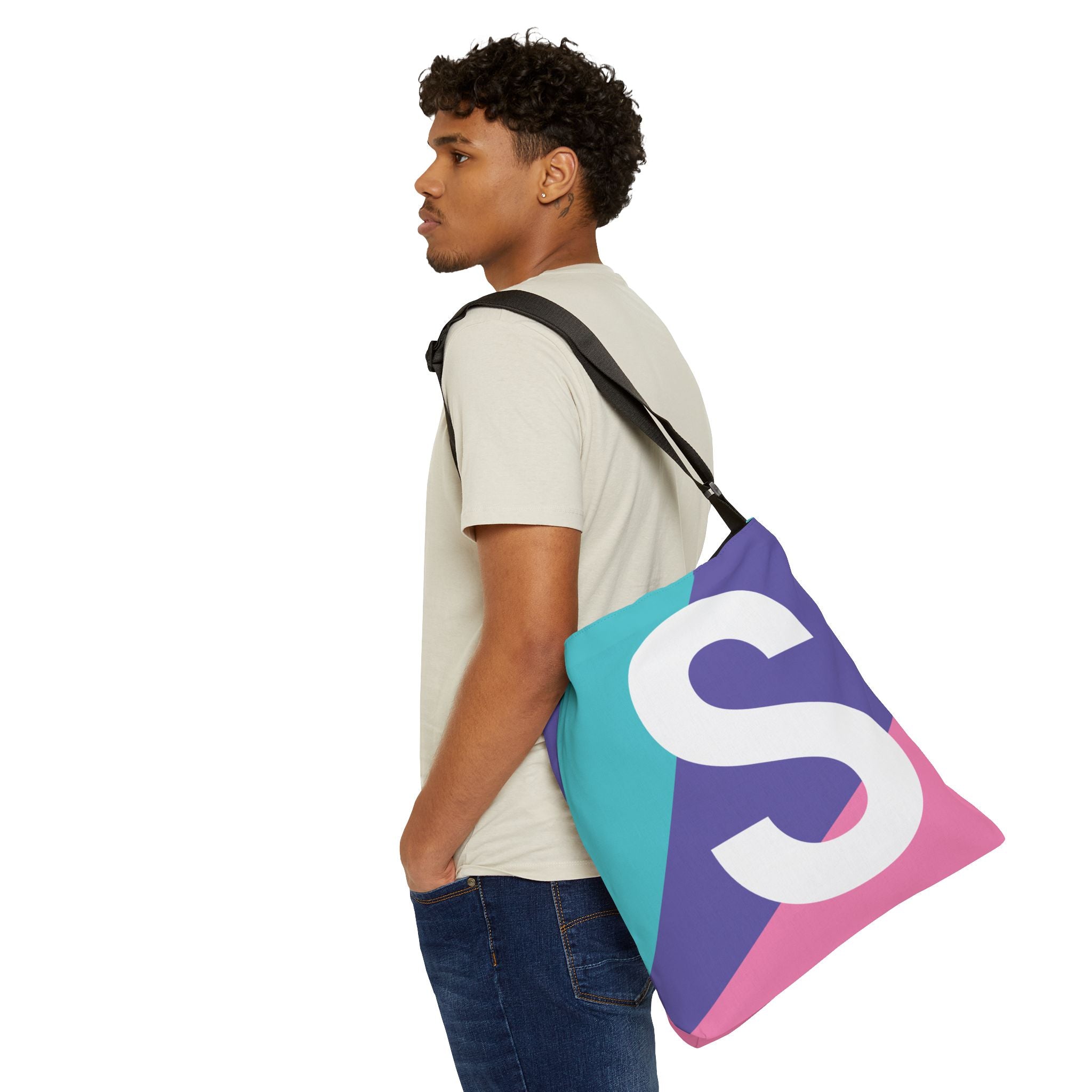 Initial Letter 'S' Colorblock Adjustable Tote Bag — Monogram Alphabet Shoulder Bag