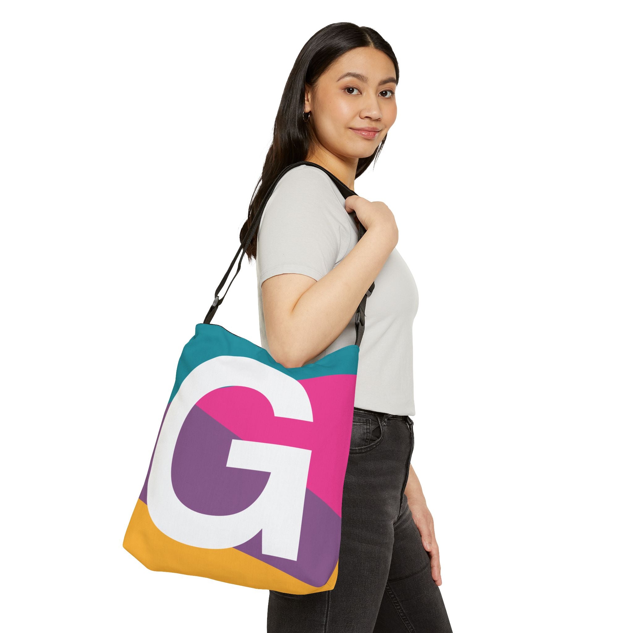Initial Letter 'G' Colorblock Adjustable Tote Bag — Monogram Alphabet Shoulder Bag