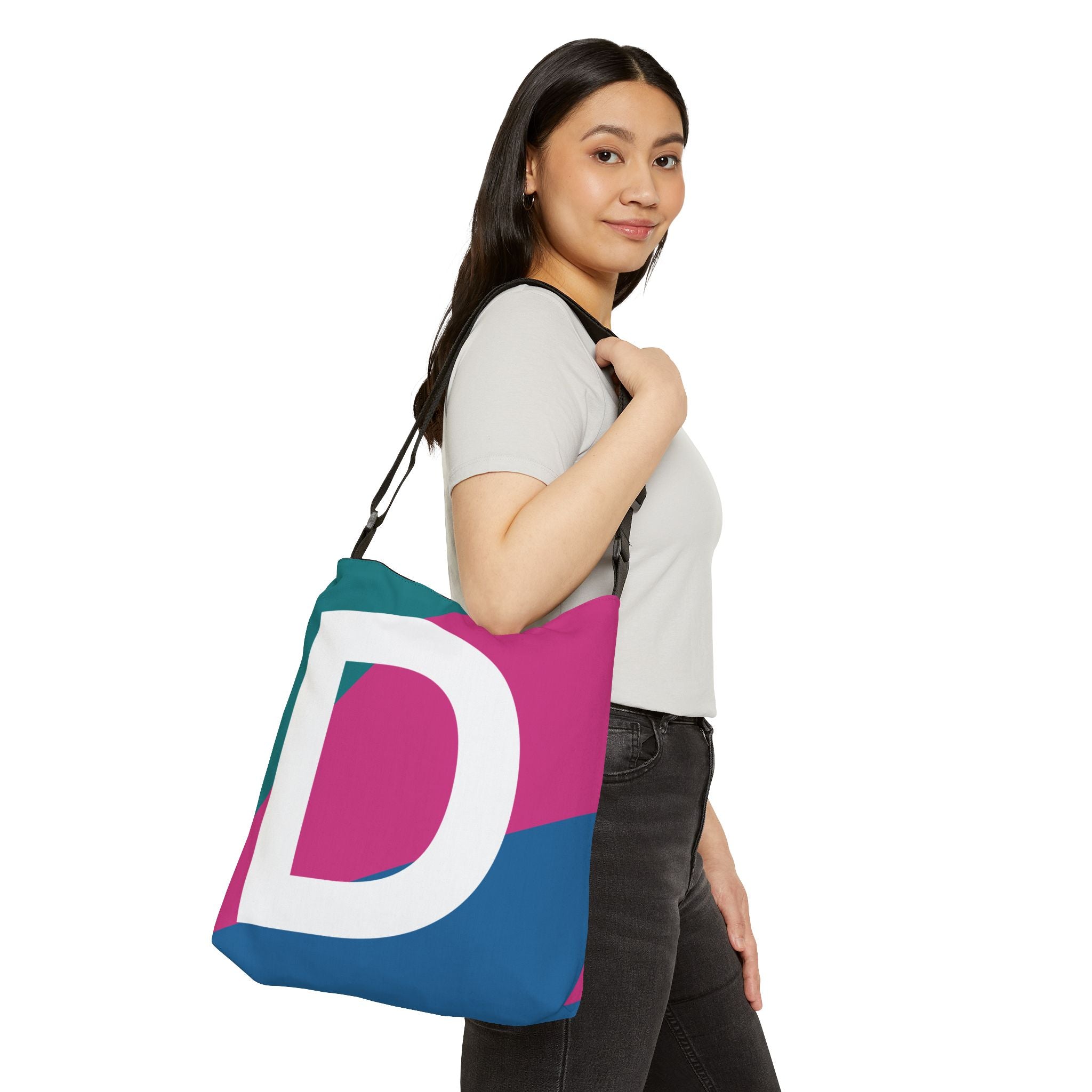 Initial Letter 'D' Colorblock Adjustable Tote Bag — Monogram Alphabet Shoulder Bag