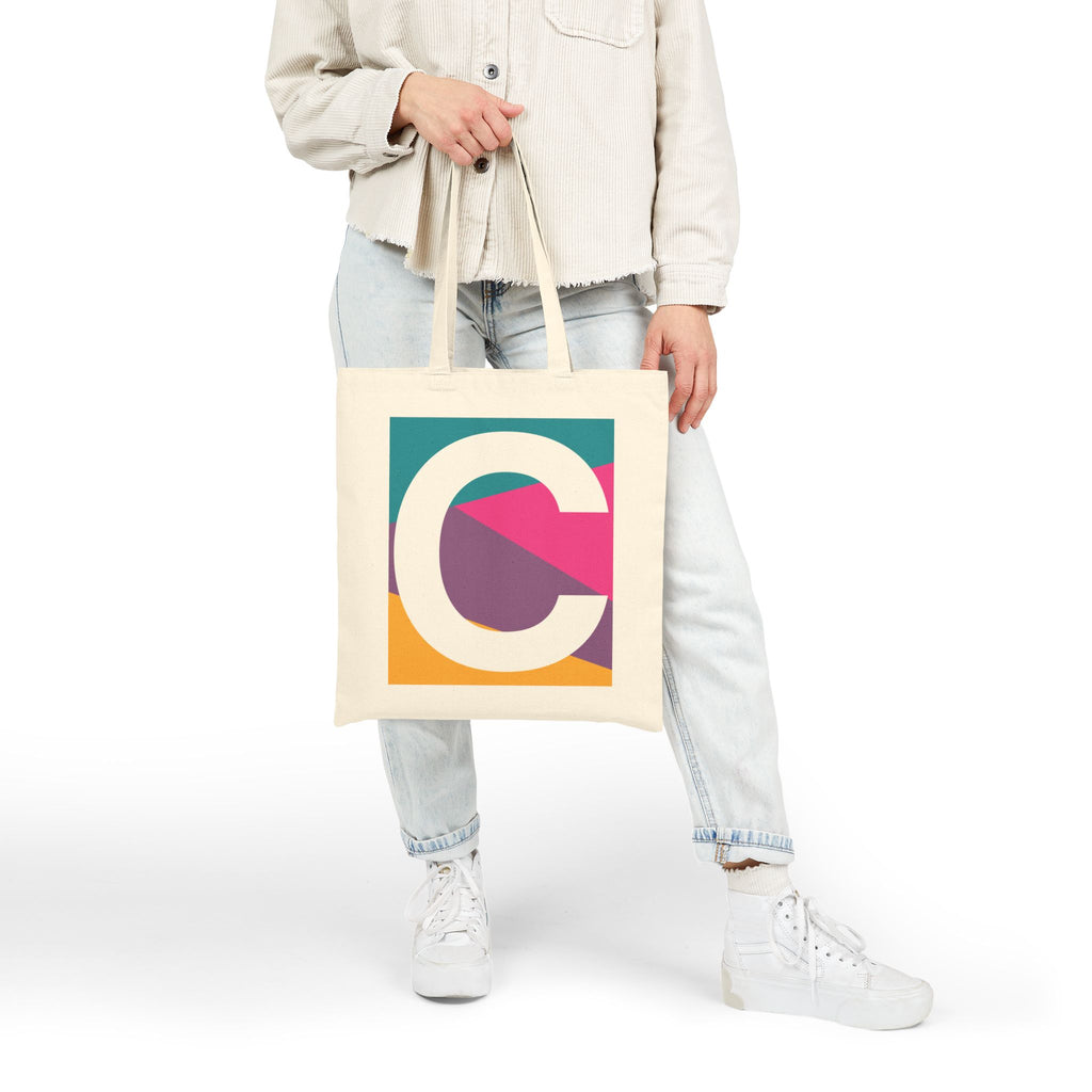Initial C Colorblock Canvas Tote Bag — Monogram Letter C Reusable Grocery Tote