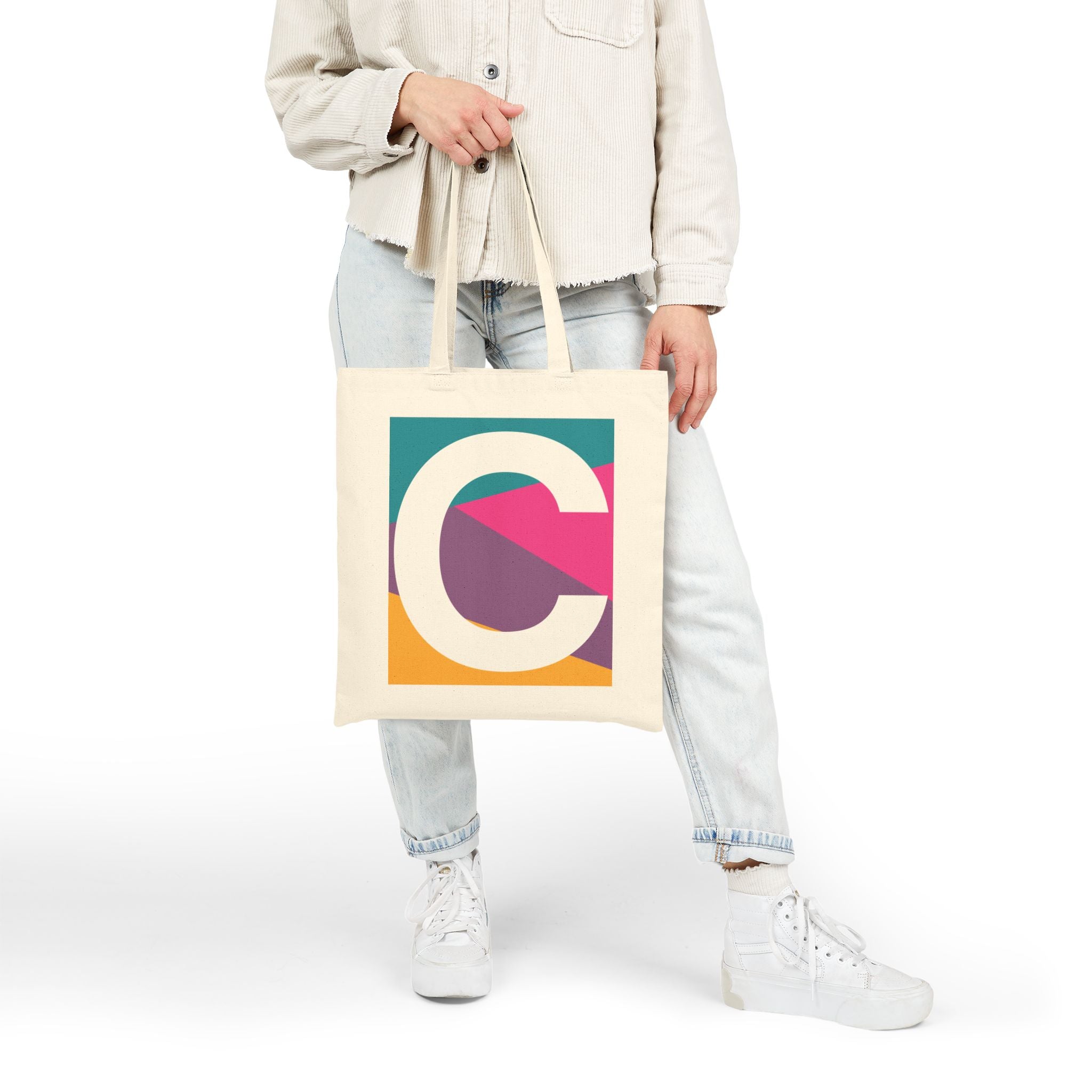 Initial C Colorblock Canvas Tote Bag — Monogram Letter C Reusable Grocery Tote