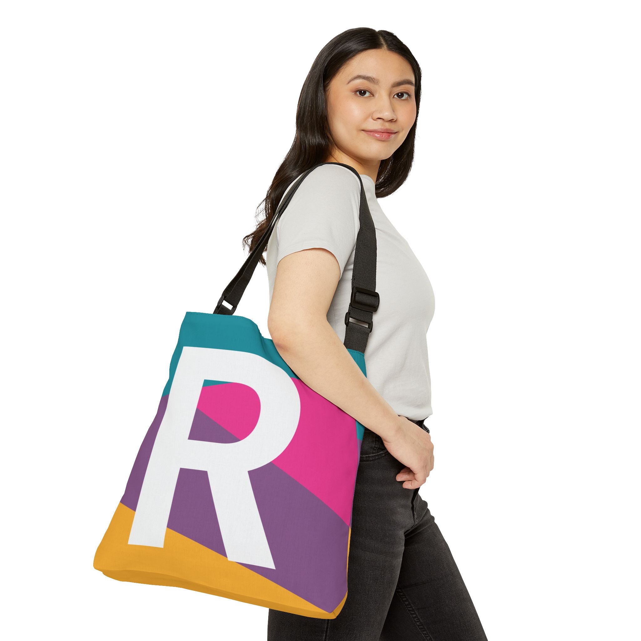 Initial Letter 'R' Colorblock Adjustable Tote Bag — Monogram Alphabet Shoulder Bag