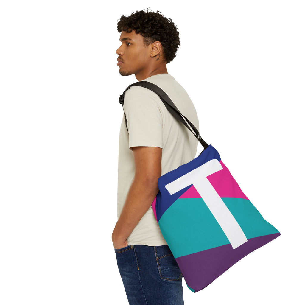 Initial Letter 'T' Colorblock Adjustable Tote Bag — Monogram Alphabet Shoulder Bag
