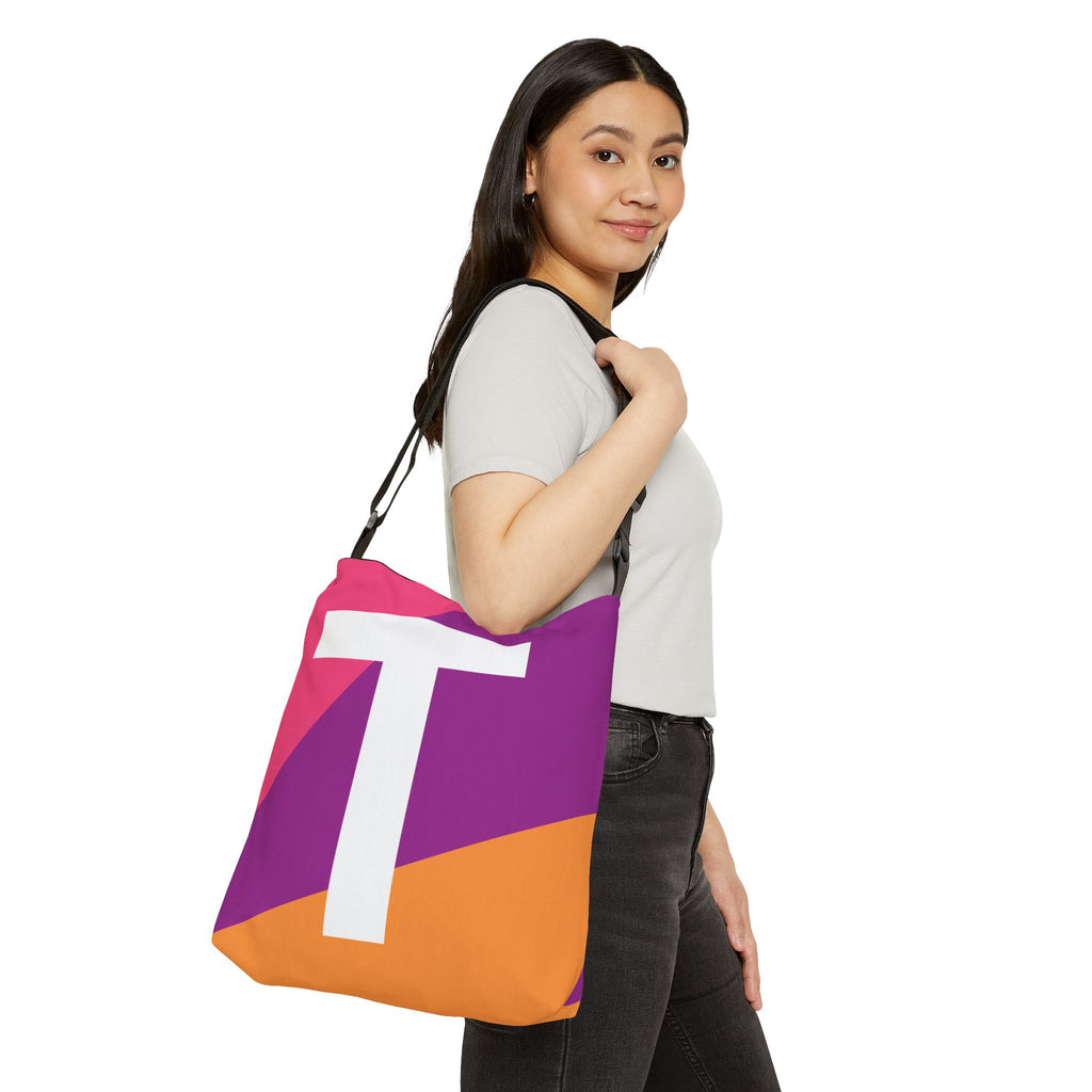 Initial Letter 'T' Colorblock Adjustable Tote Bag — Monogram Alphabet Shoulder Bag
