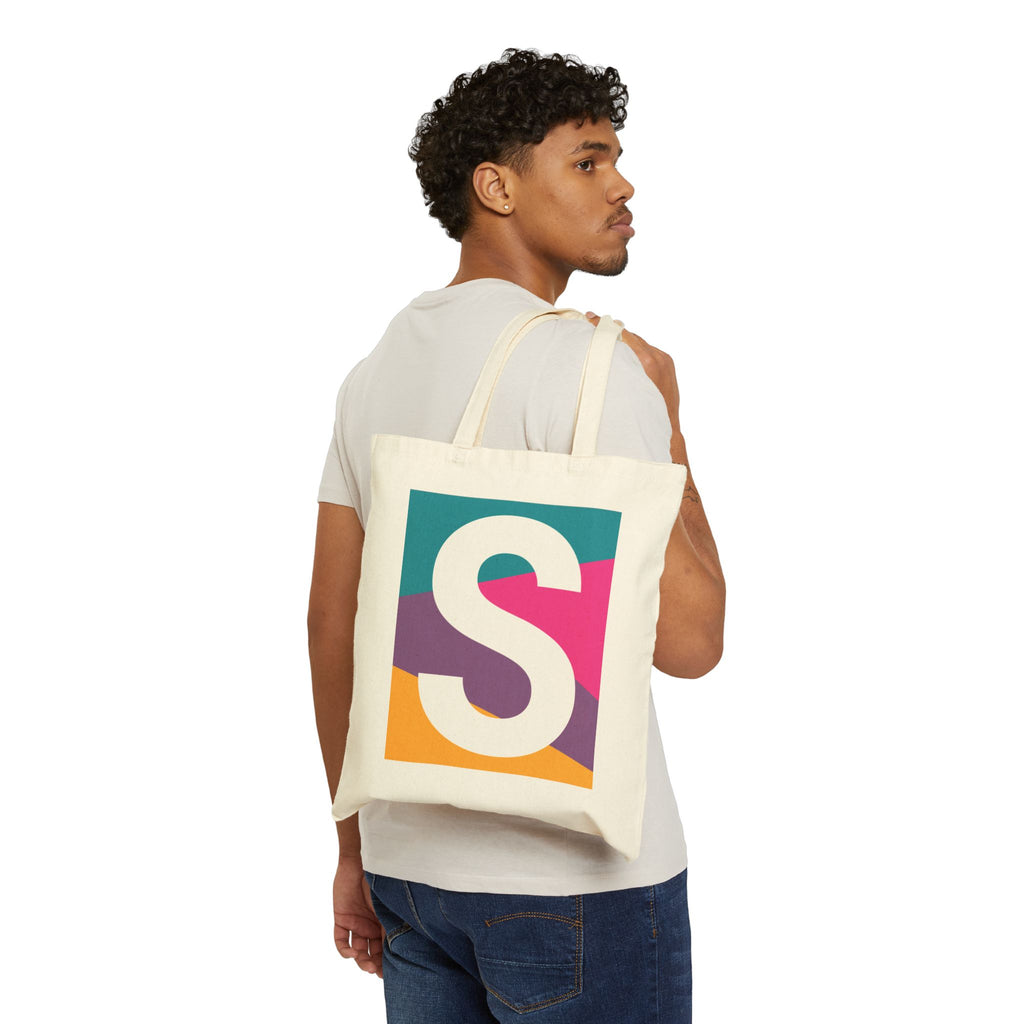 Initial S Colorblock Canvas Tote Bag — Monogram Letter S Reusable Grocery Tote