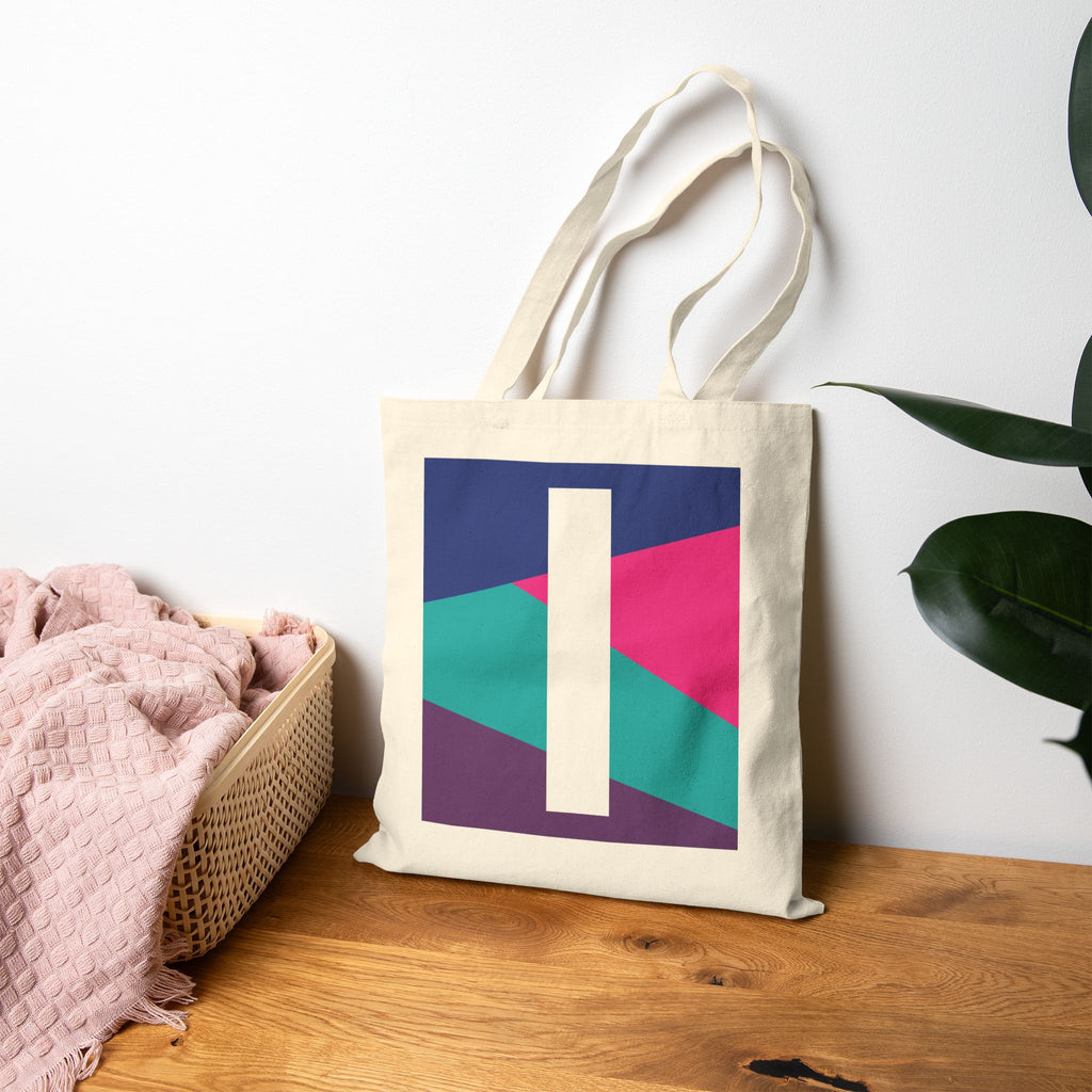 Initial I Colorblock Canvas Tote Bag — Monogram Letter I Reusable Grocery Tote
