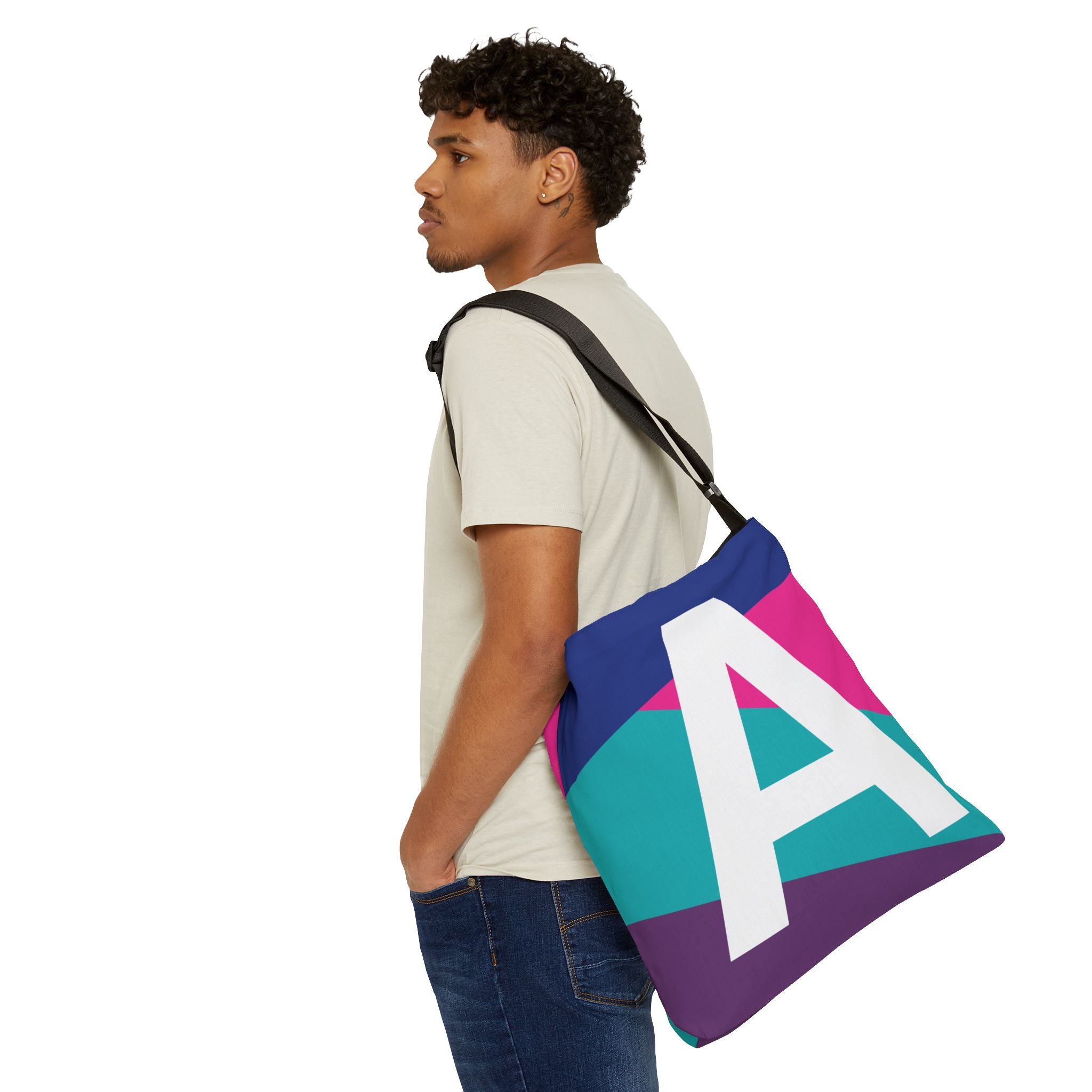 Initial Letter 'A' Colorblock Adjustable Tote Bag — Monogram Alphabet Shoulder Bag