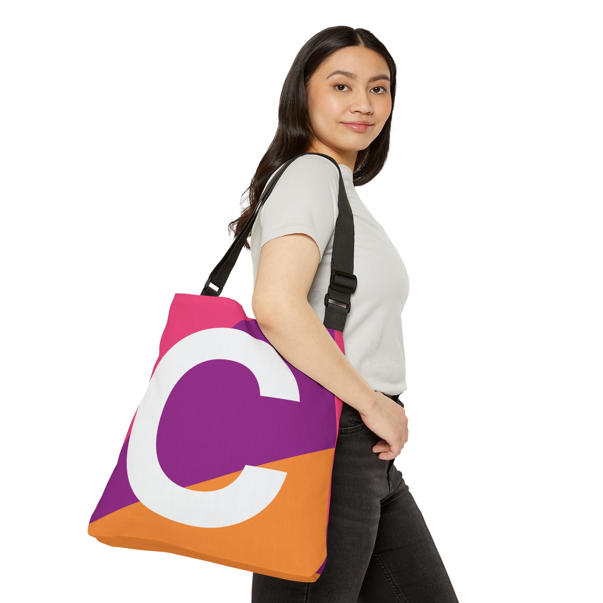 Initial Letter 'C' Colorblock Adjustable Tote Bag — Monogram Alphabet Shoulder Bag