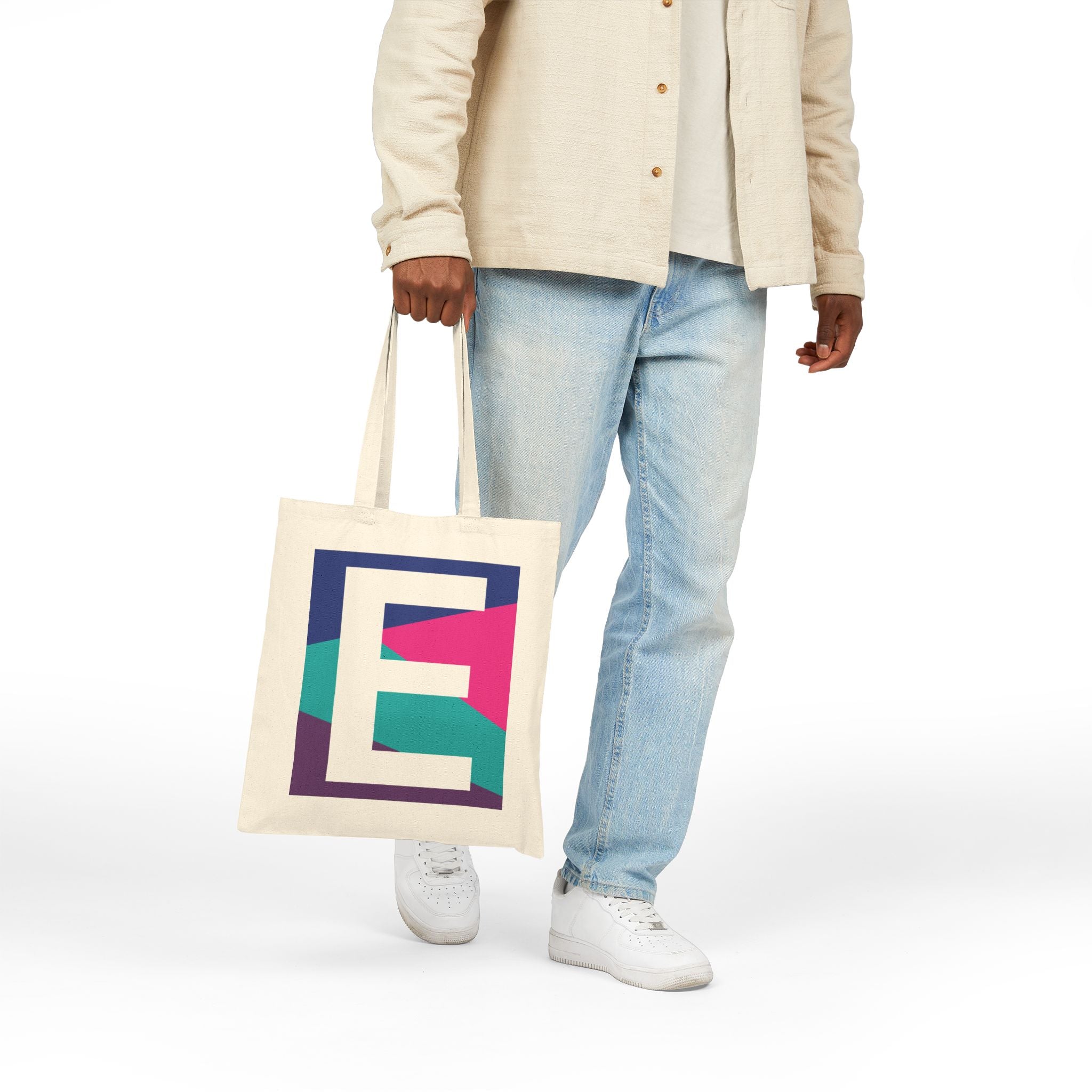 Initial E Colorblock Canvas Tote Bag — Monogram Letter E Reusable Grocery Tote
