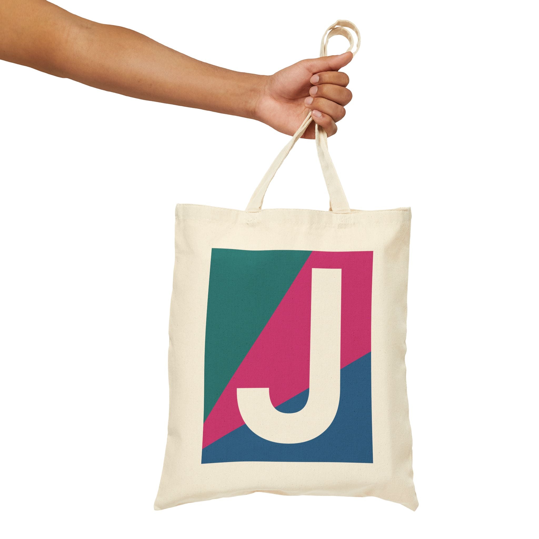 Initial J Colorblock Canvas Tote Bag — Monogram Letter J Reusable Grocery Tote