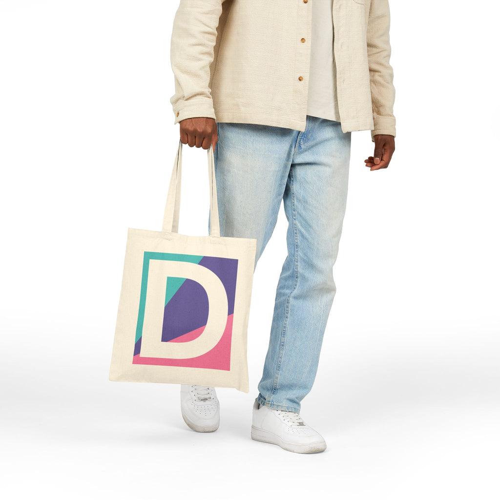Initial D Colorblock Canvas Tote Bag — Monogram Letter D Reusable Grocery Tote