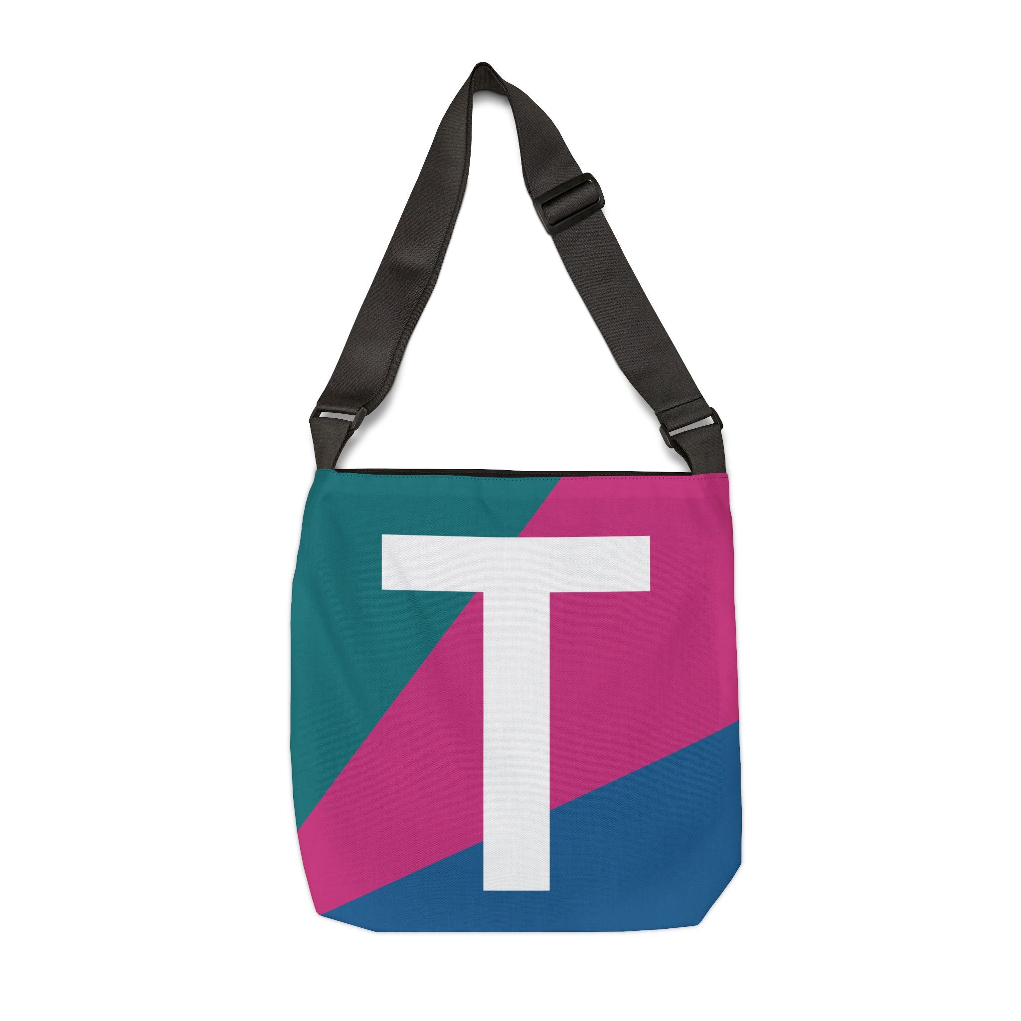 Initial Letter 'T' Colorblock Adjustable Tote Bag — Monogram Alphabet Shoulder Bag