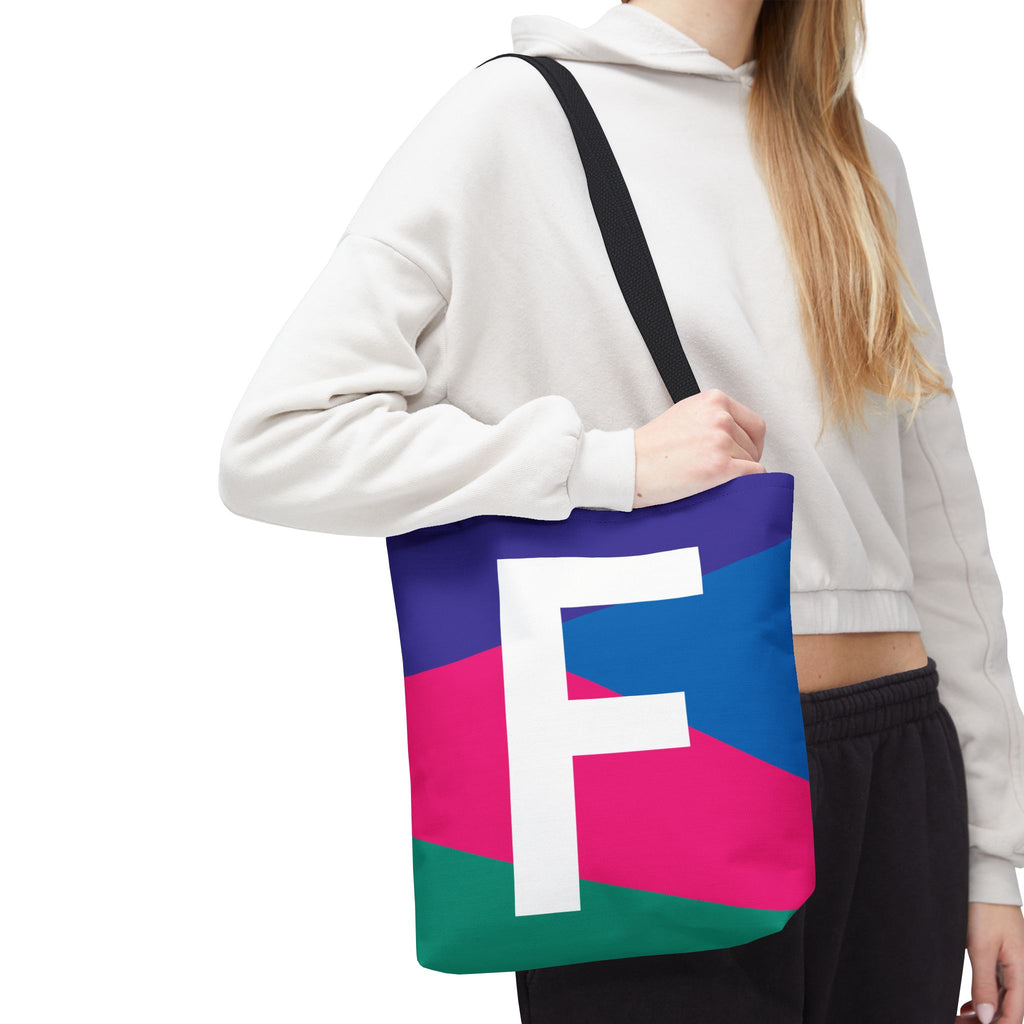 Monogram 'F' Colorblock Tote Bag — Personalized Initial F Shoulder Tote