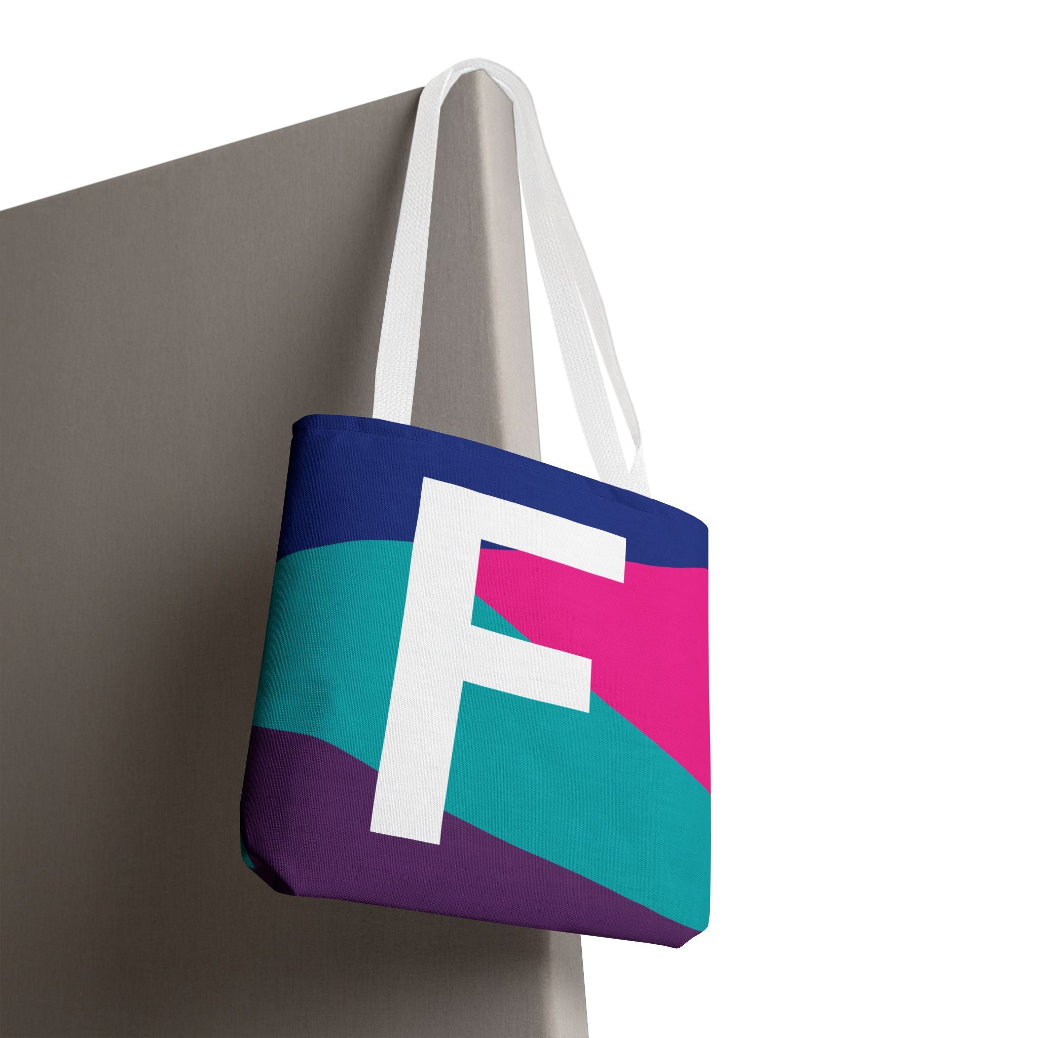 Monogram 'F' Colorblock Tote Bag — Personalized Initial F Shoulder Tote