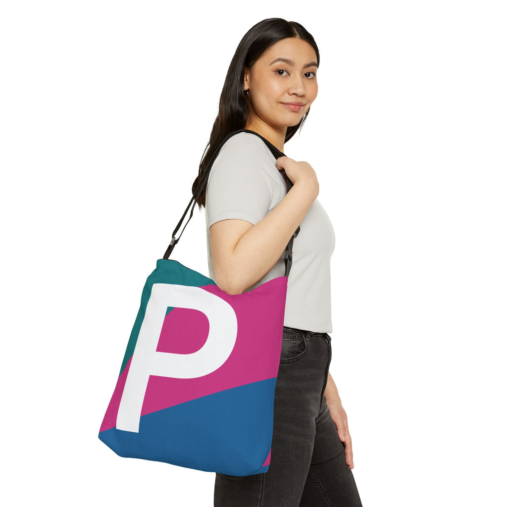 Initial Letter 'P' Colorblock Adjustable Tote Bag — Monogram Alphabet Shoulder Bag