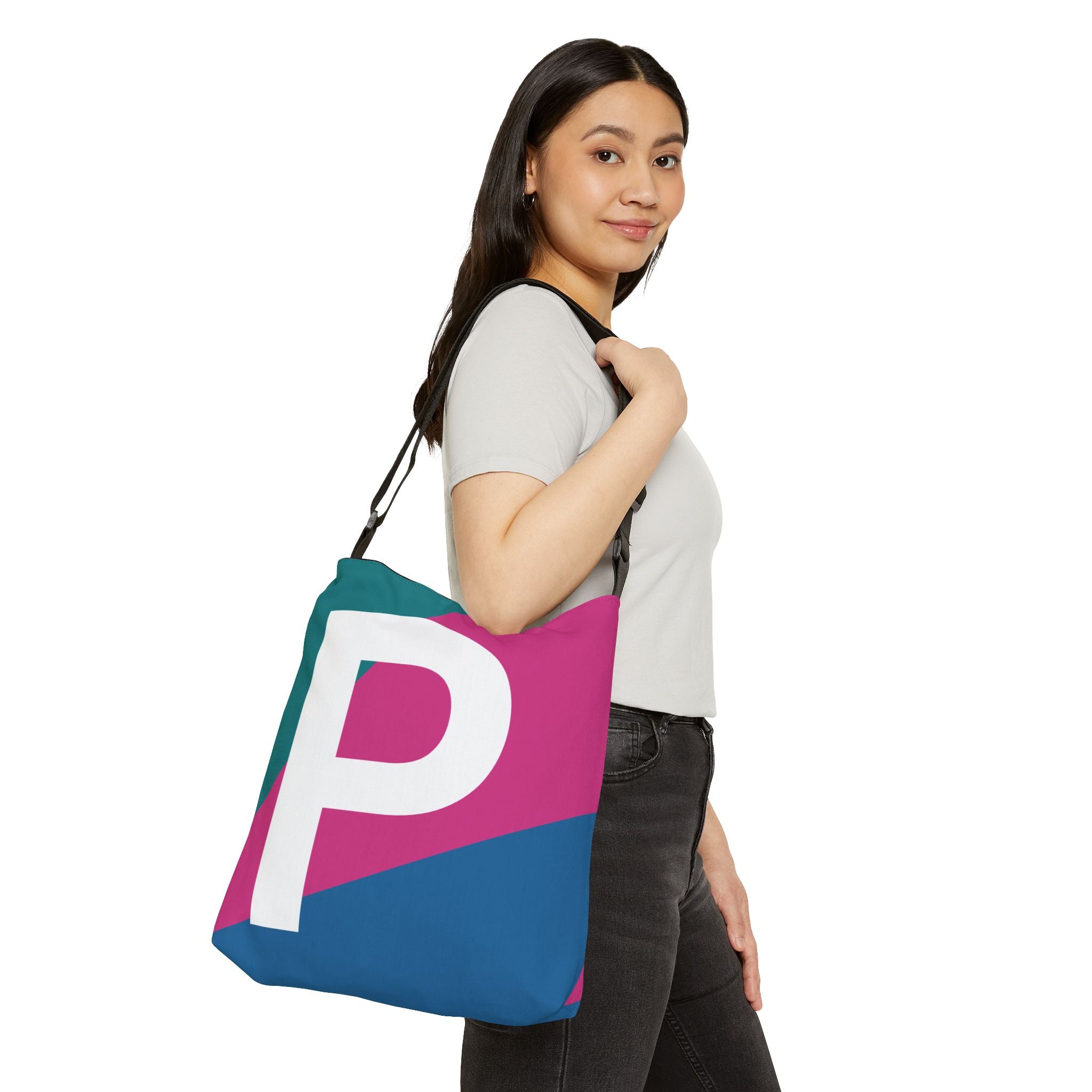 Initial Letter 'P' Colorblock Adjustable Tote Bag — Monogram Alphabet Shoulder Bag