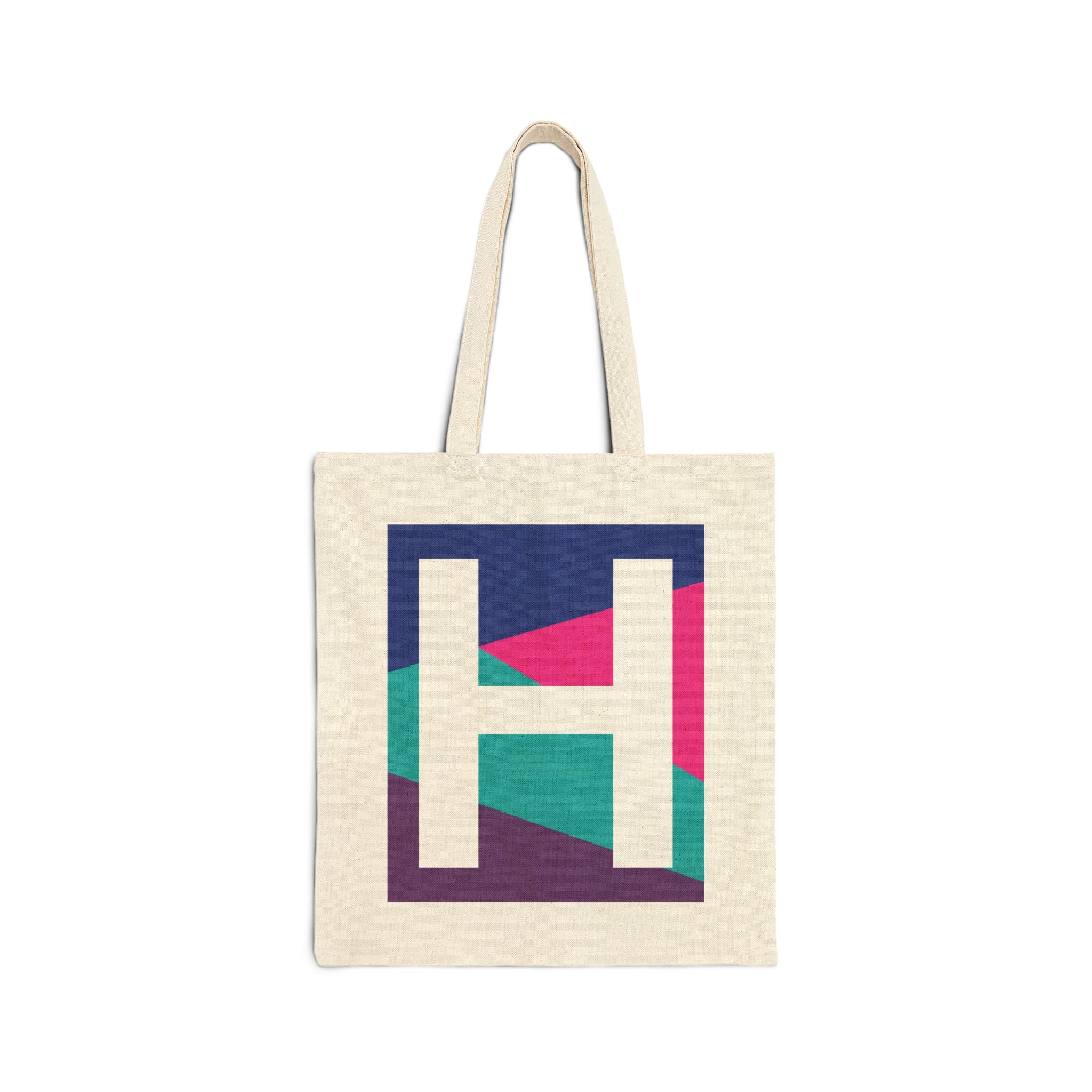Initial H Colorblock Canvas Tote Bag — Monogram Letter H Reusable Grocery Tote